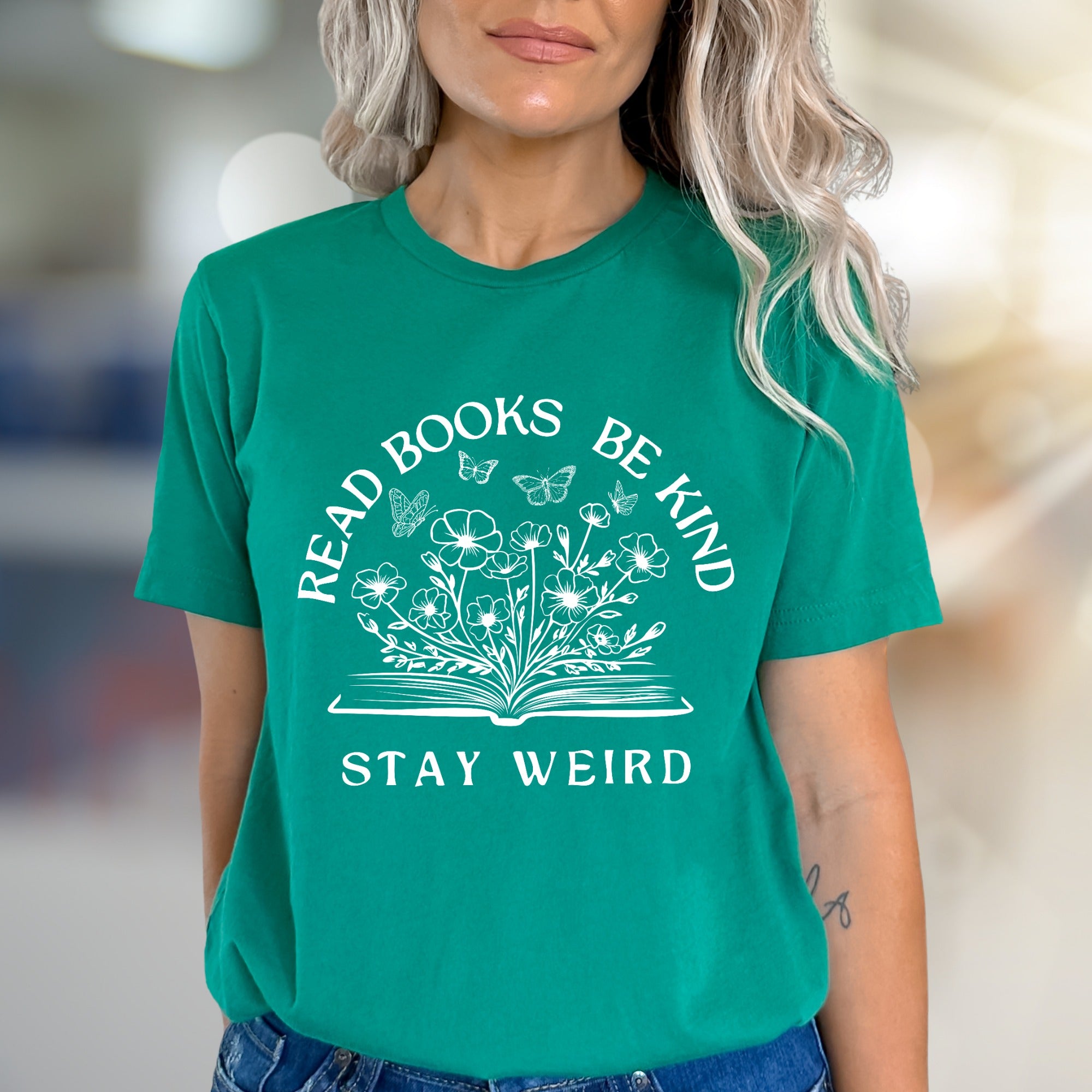"Read Books Be Kind Stay Weird" Book & Floral Graphic Tee, a Quirky Literary Pick for Book Lovers