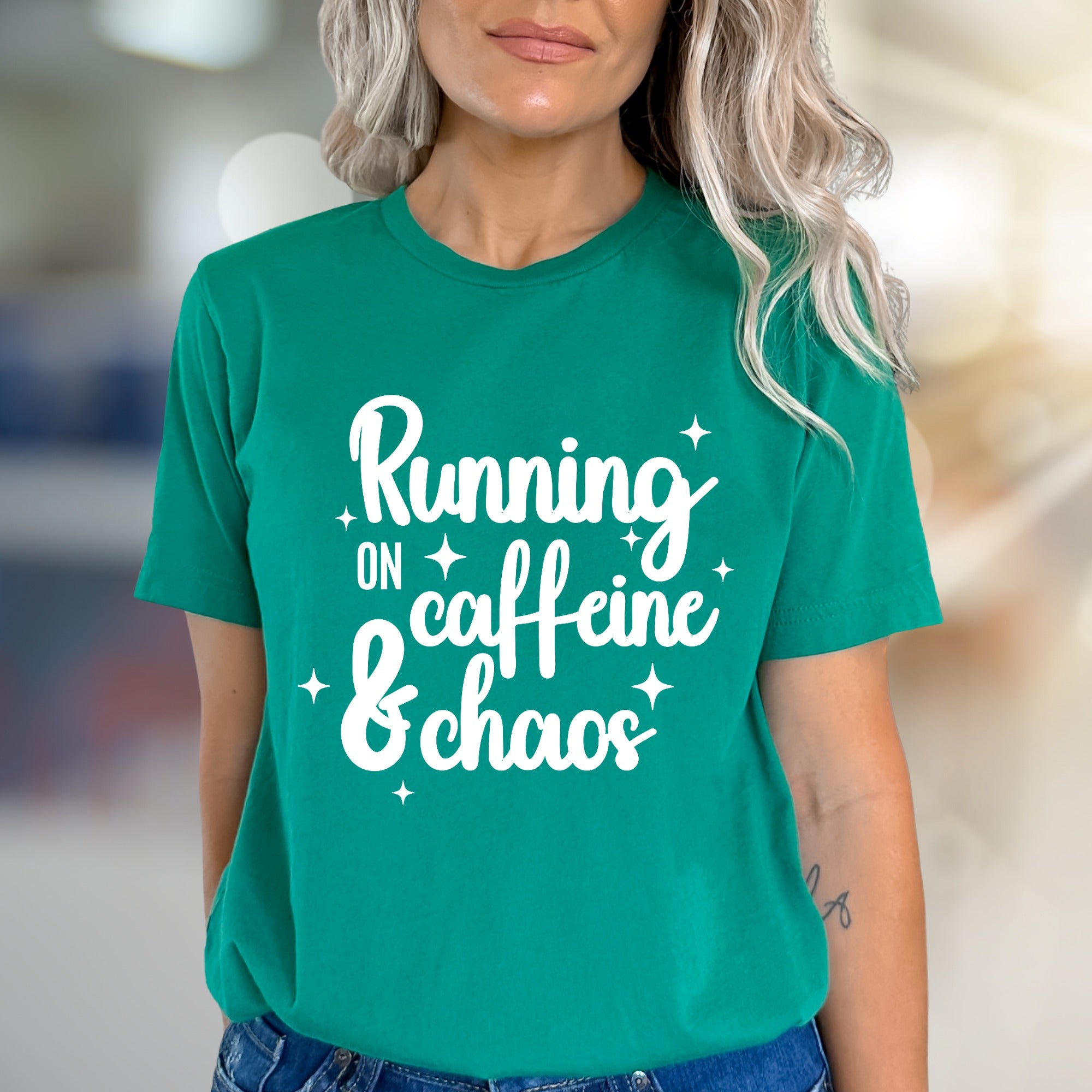 "Running on Caffeine & Chaos" Graphic Tee, a Witty Pick for Coffee Lovers