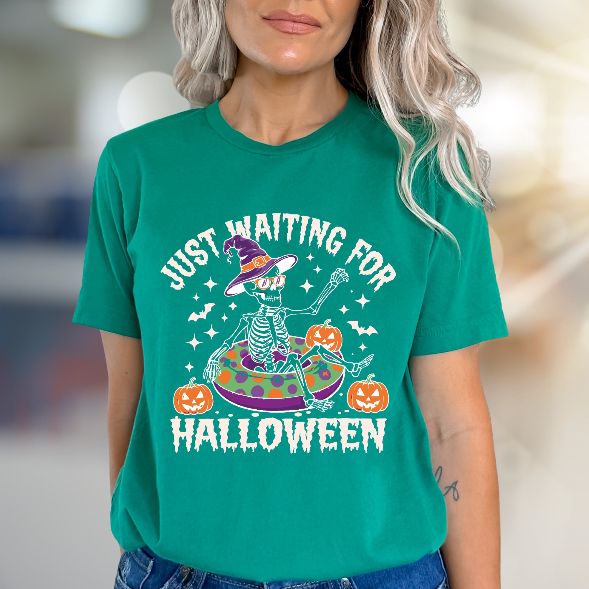 "JUST WAITING FOR HALLOWEEN" Spooky Skeleton Graphic Tee, a Funny Holiday Pick for Spooky Season Lovers