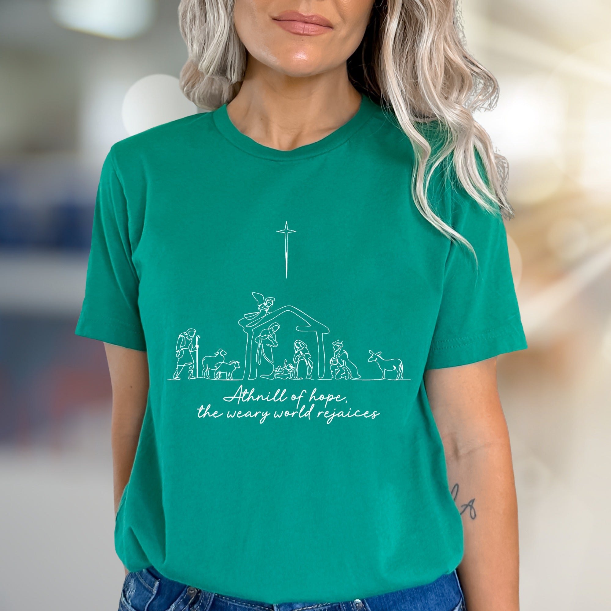 "A thrill of hope, the weary world rejoices" Nativity Scene Graphic Tee, a Holiday Pick for Believers