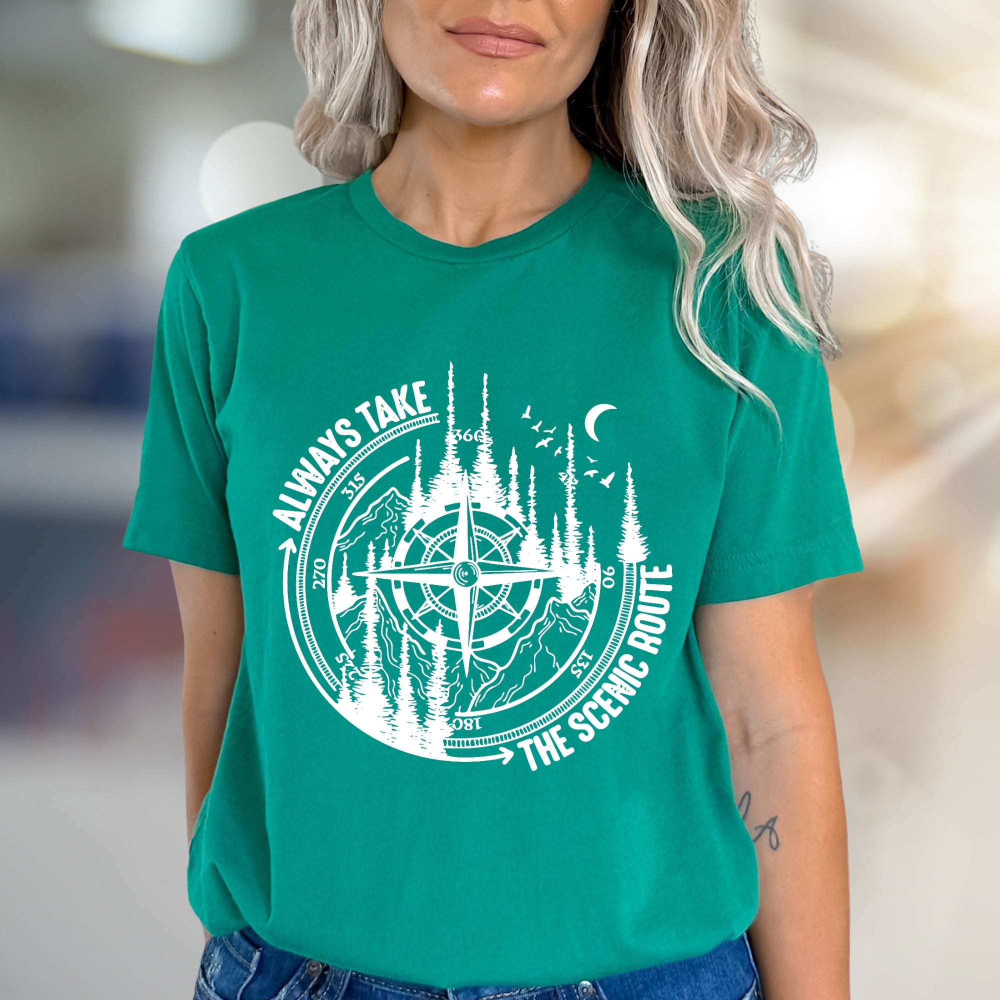 "Always Take The Scenic Route" Wilderness Compass Graphic Tee, an Adventure Enthusiast Pick for Outdoor Lovers