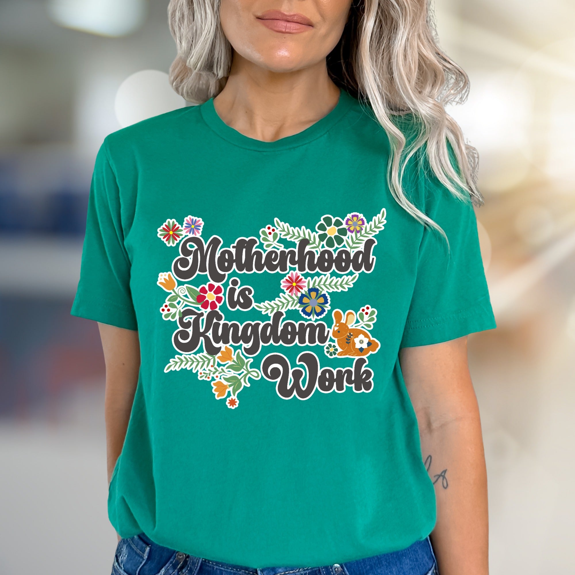 "Motherhood is Kingdom Work" Floral Graphic Tee, a Bohemian Mom Life Pick for Her