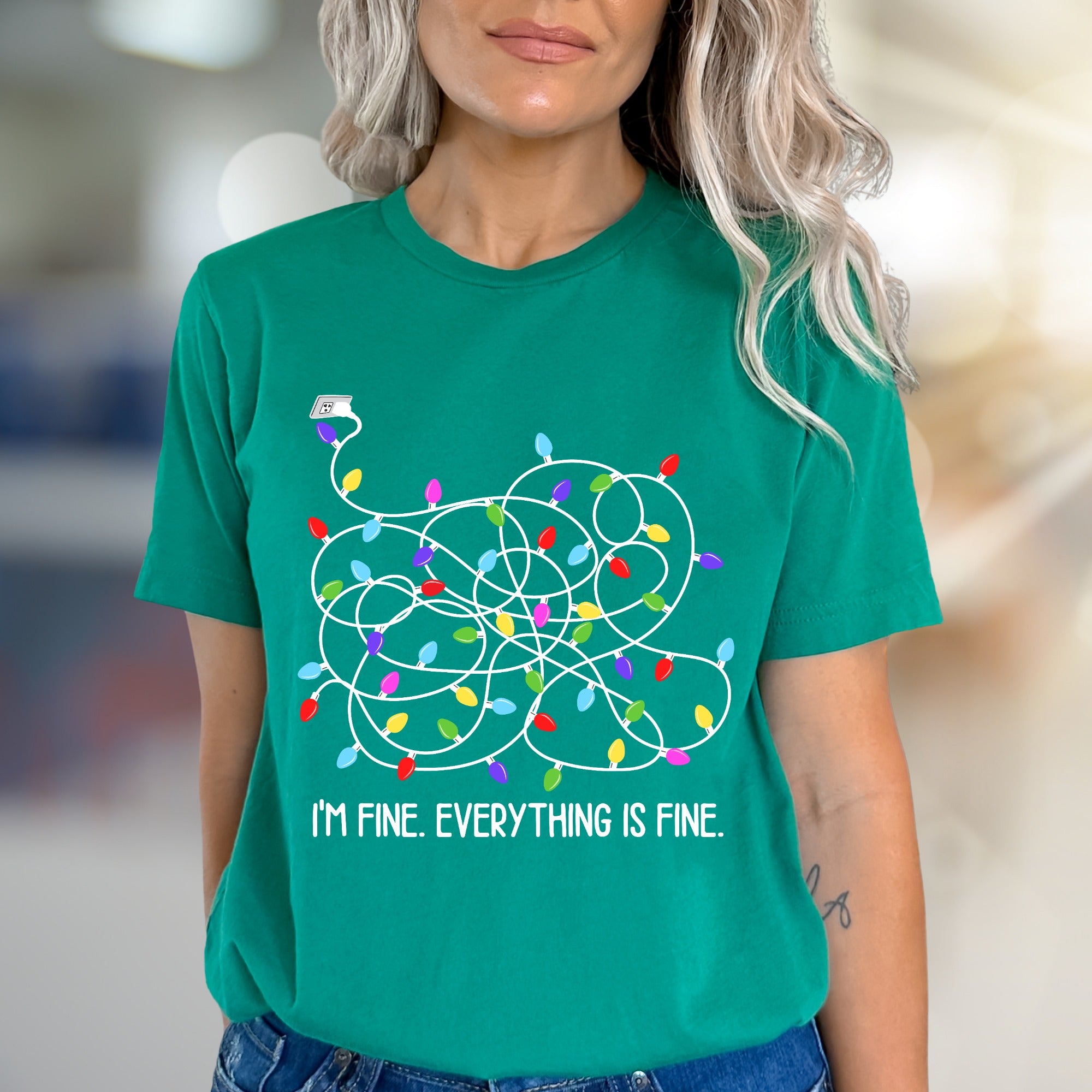 "I'm Fine. Everything Is Fine." Tangled Lights Graphic Tee, a Humorous Holiday Pick for Everyone