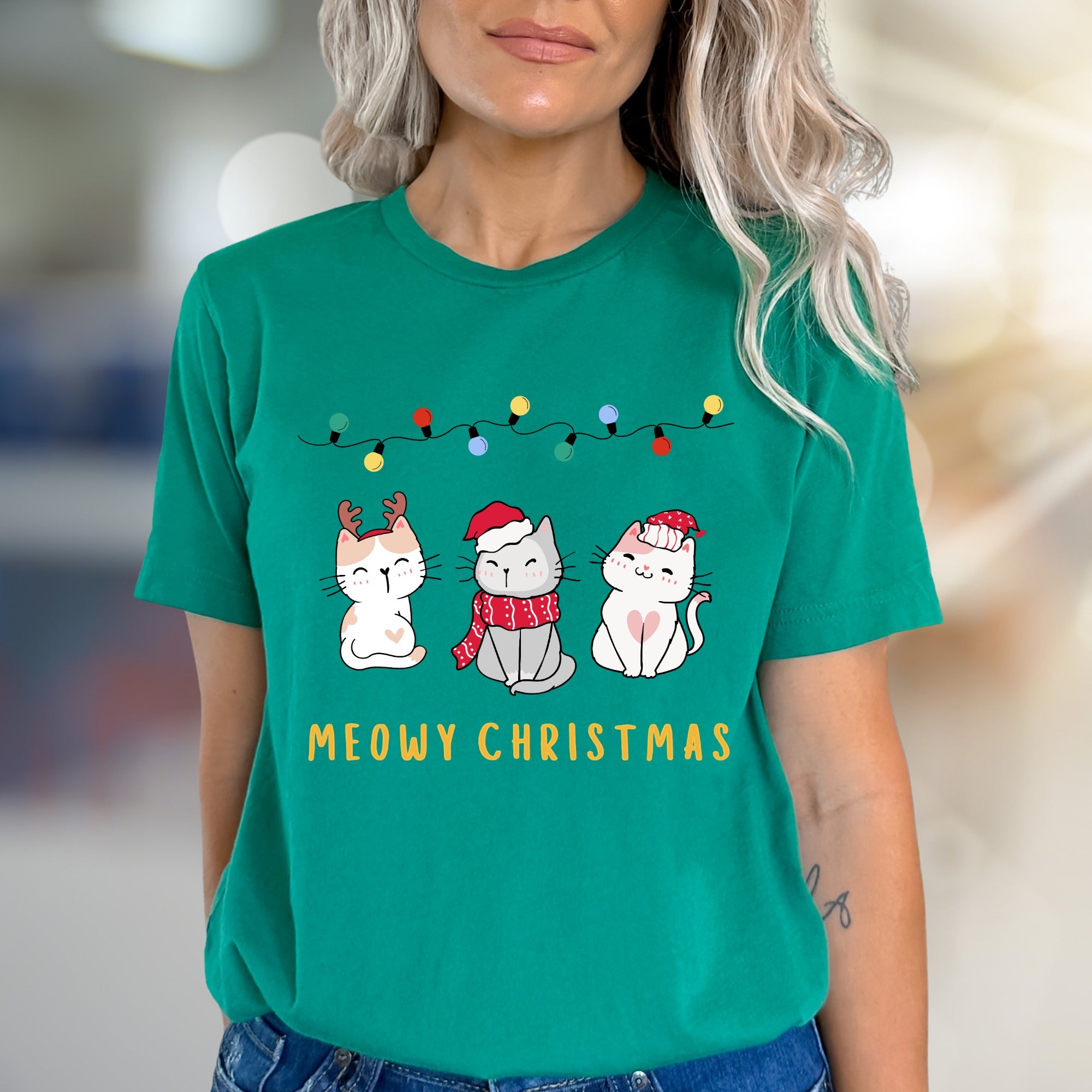 "MEOWY CHRISTMAS" Cute Kitten Graphic Tee, a Festive Pet Lover's Pick for the Holidays