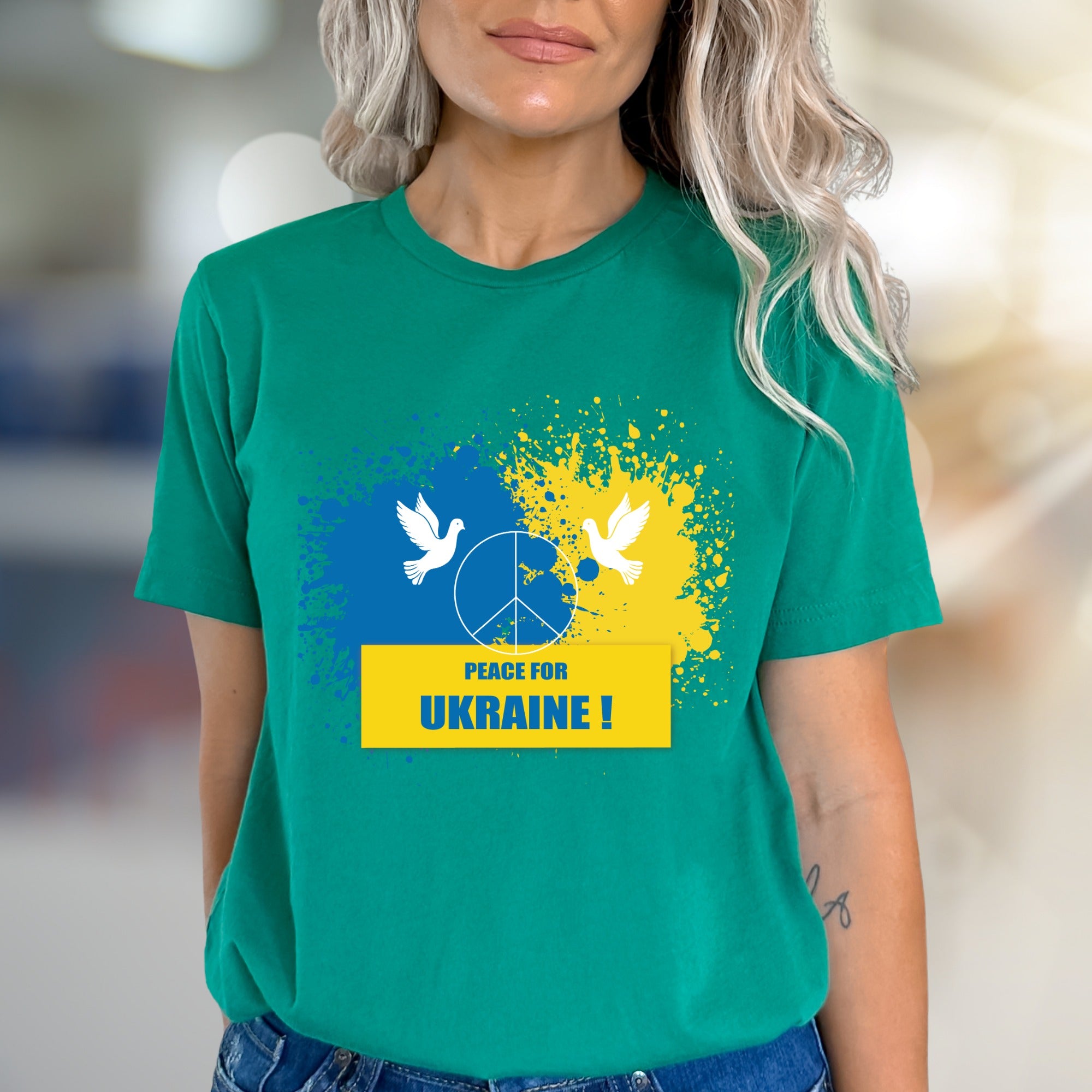"Peace for Ukraine!" Splatter Peace Tee, a Statement Piece for Advocates