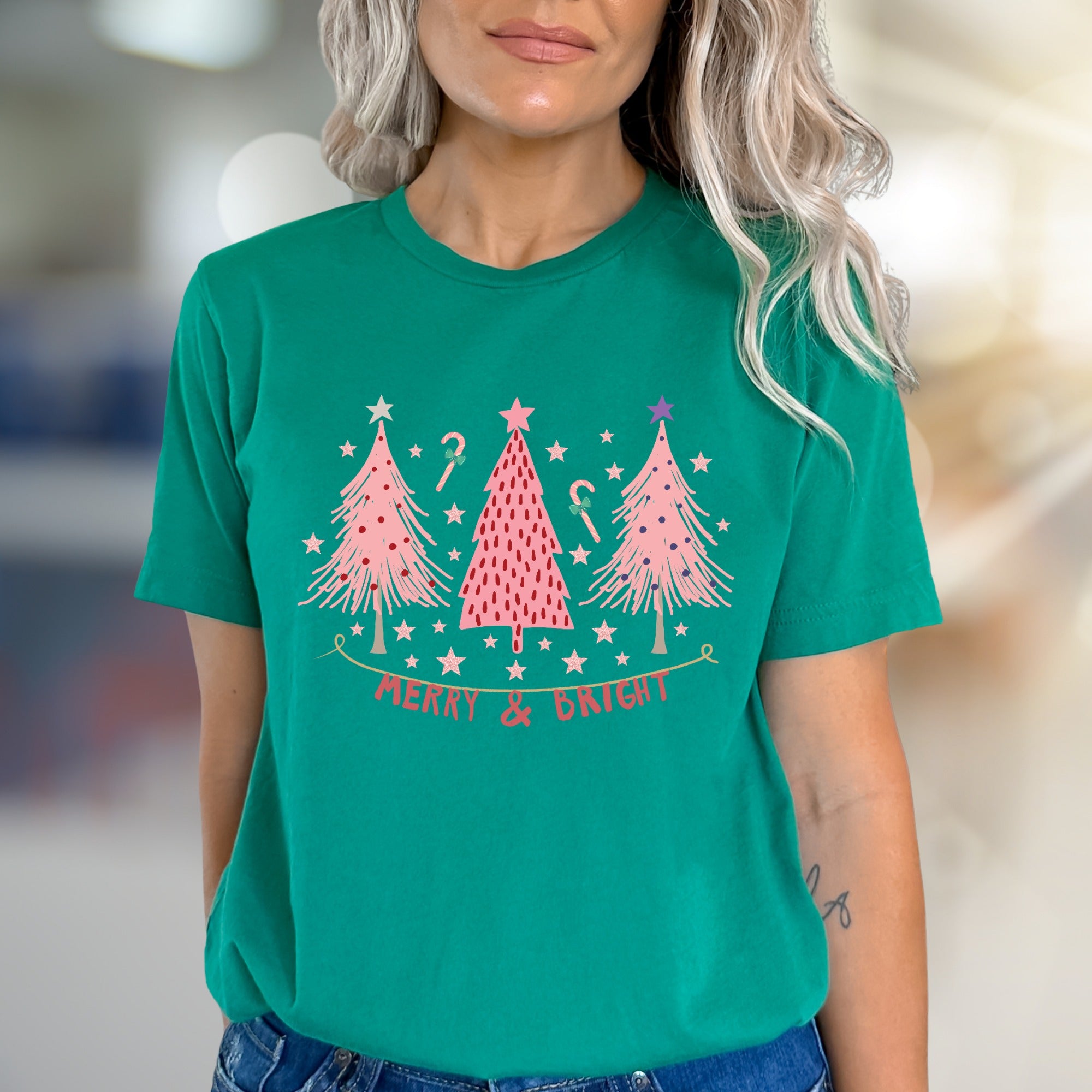 "Merry & Bright" Festive Christmas Trees Graphic Tee, a Whimsical Pick for Holiday Enthusiasts