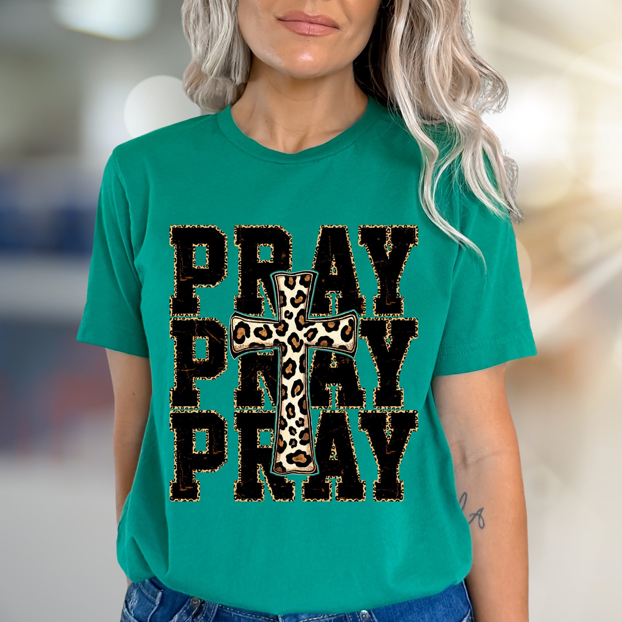 "PRAY" Leopard Print Cross Graphic Tee, a Faith-Inspired Western Pick for Her
