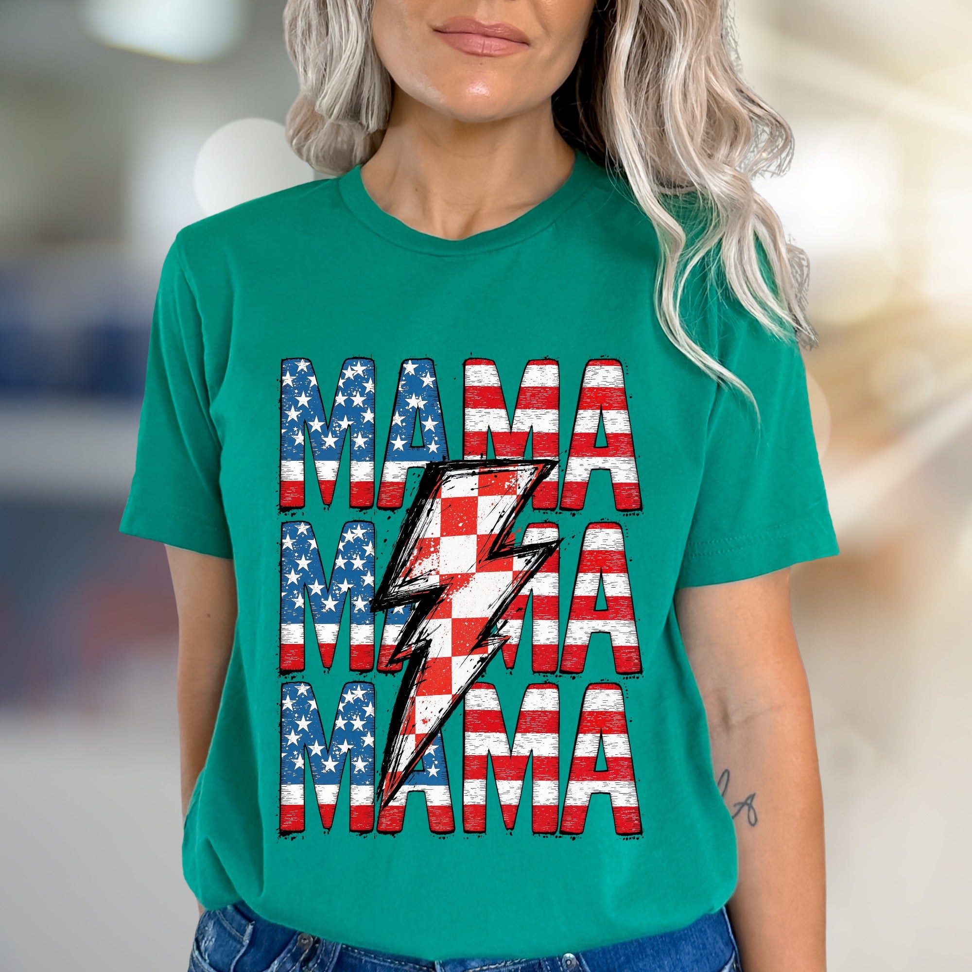 "MAMA" American Flag Lightning Bolt Graphic Tee, a Patriotic Pick for Proud Moms