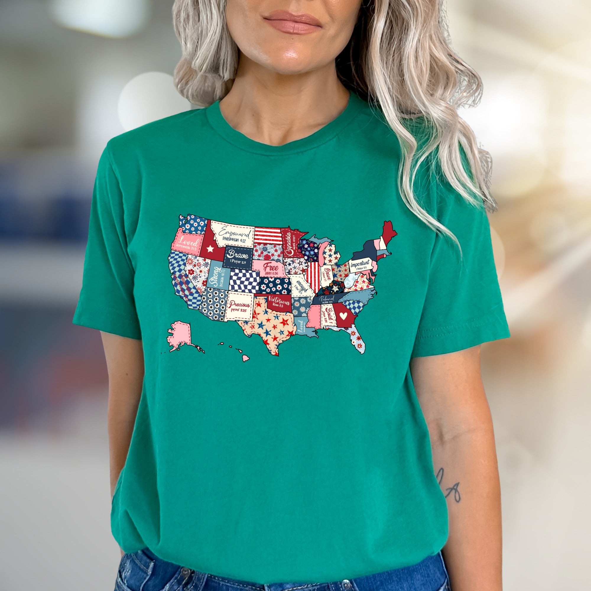 "Loved. Empowered. Brave." Christian Patchwork USA Graphic Tee, a Faith-Inspired Pick for Believers