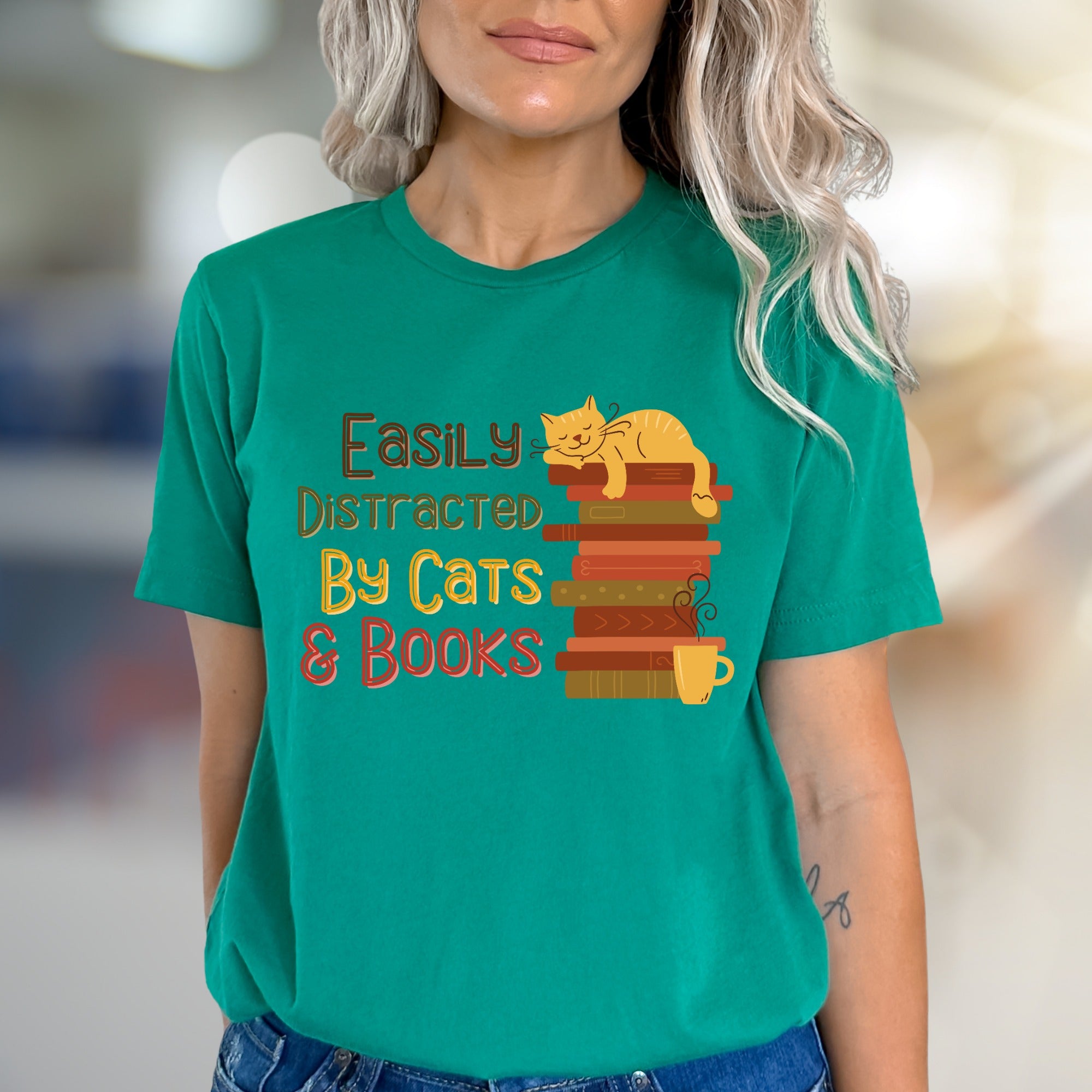 "Easily Distracted By Cats & Books" Cozy Reader Graphic Tee, a Feline Fan Pick for Book Lovers