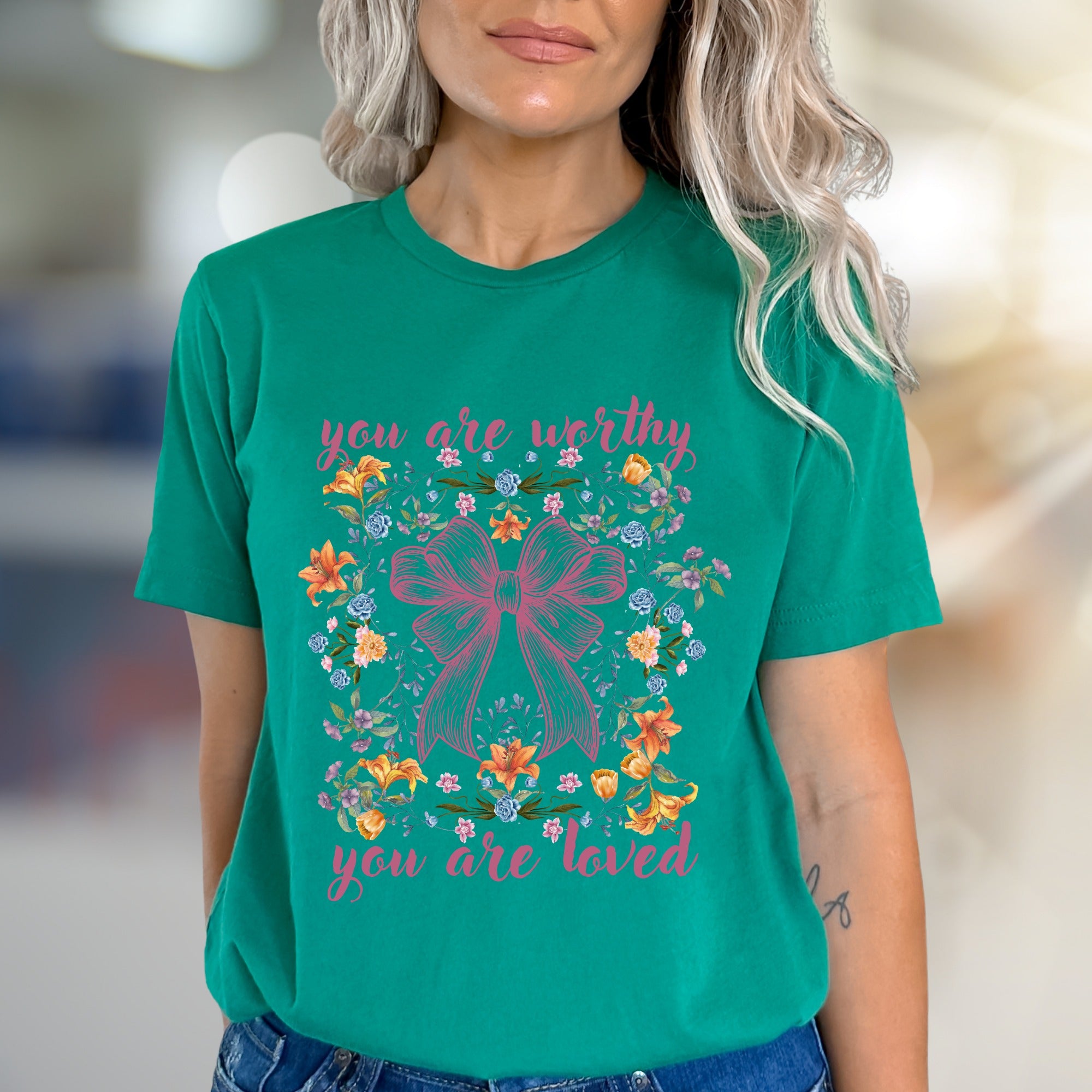 "You Are Worthy You Are Loved" Floral Bow Graphic Tee, a Self-Care Pick for Her