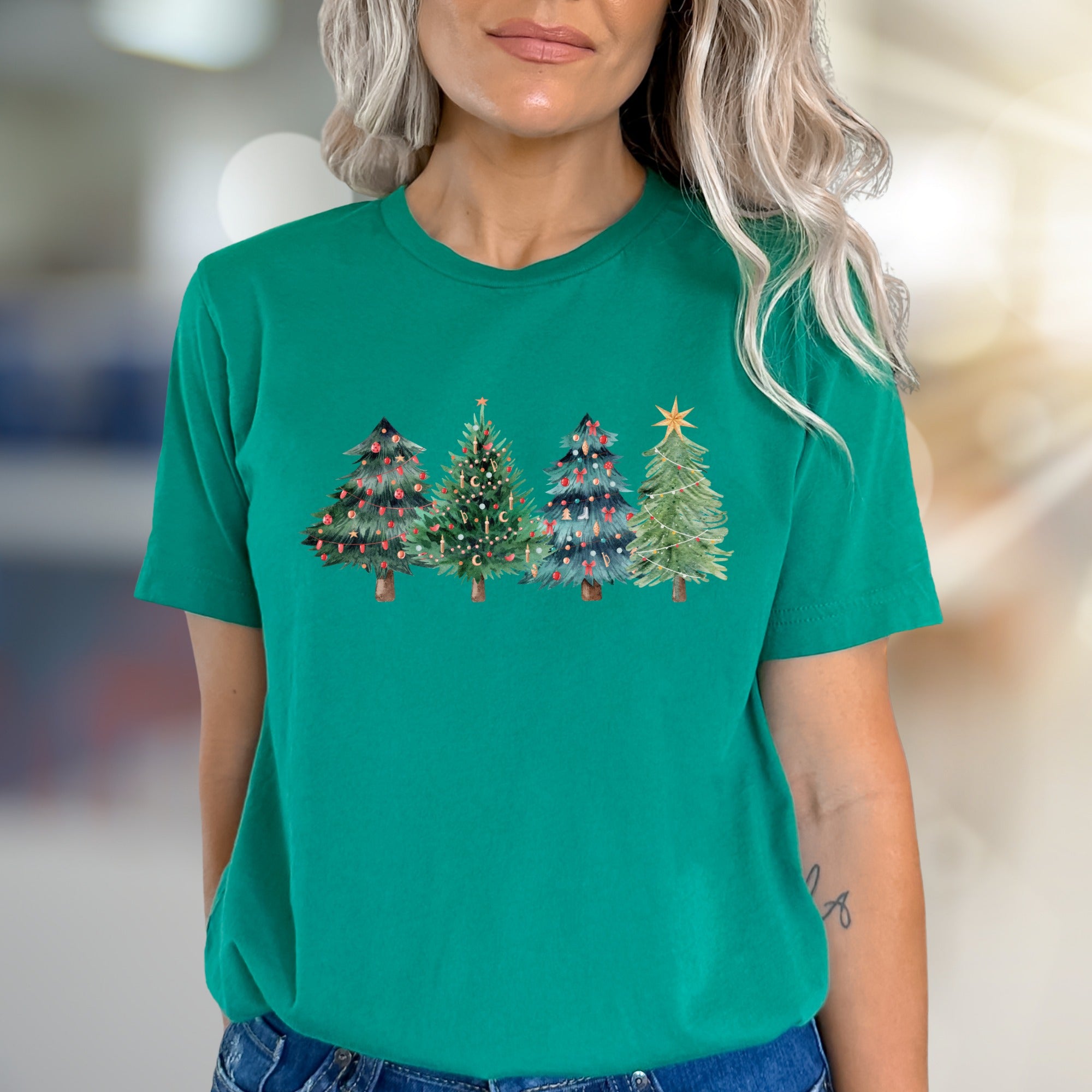 Festive Watercolor Christmas Trees Graphic Tee, A Cozy Holiday Pick for Everyone