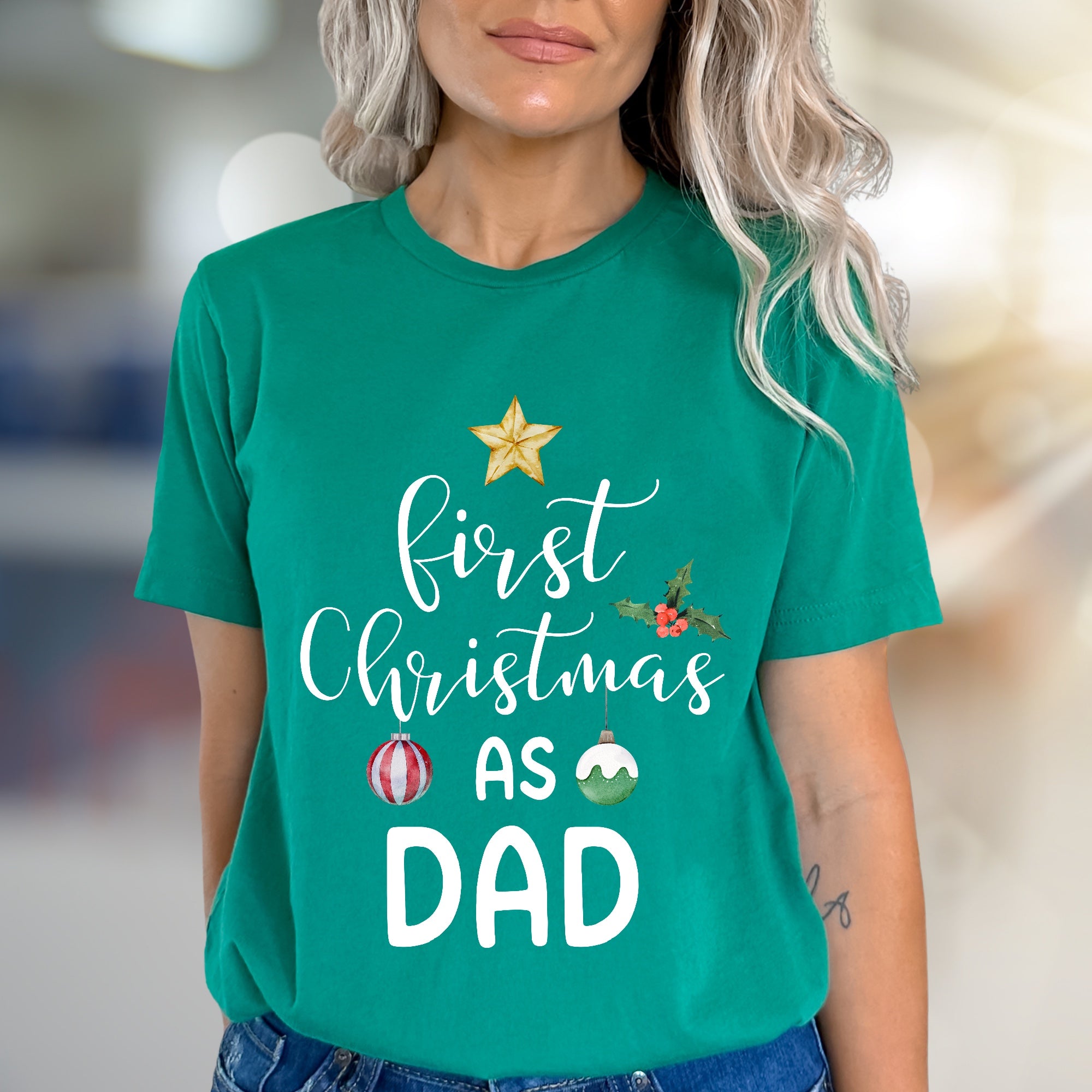 "First Christmas As Dad" Festive Graphic Tee, a New Dad's Holiday Pick