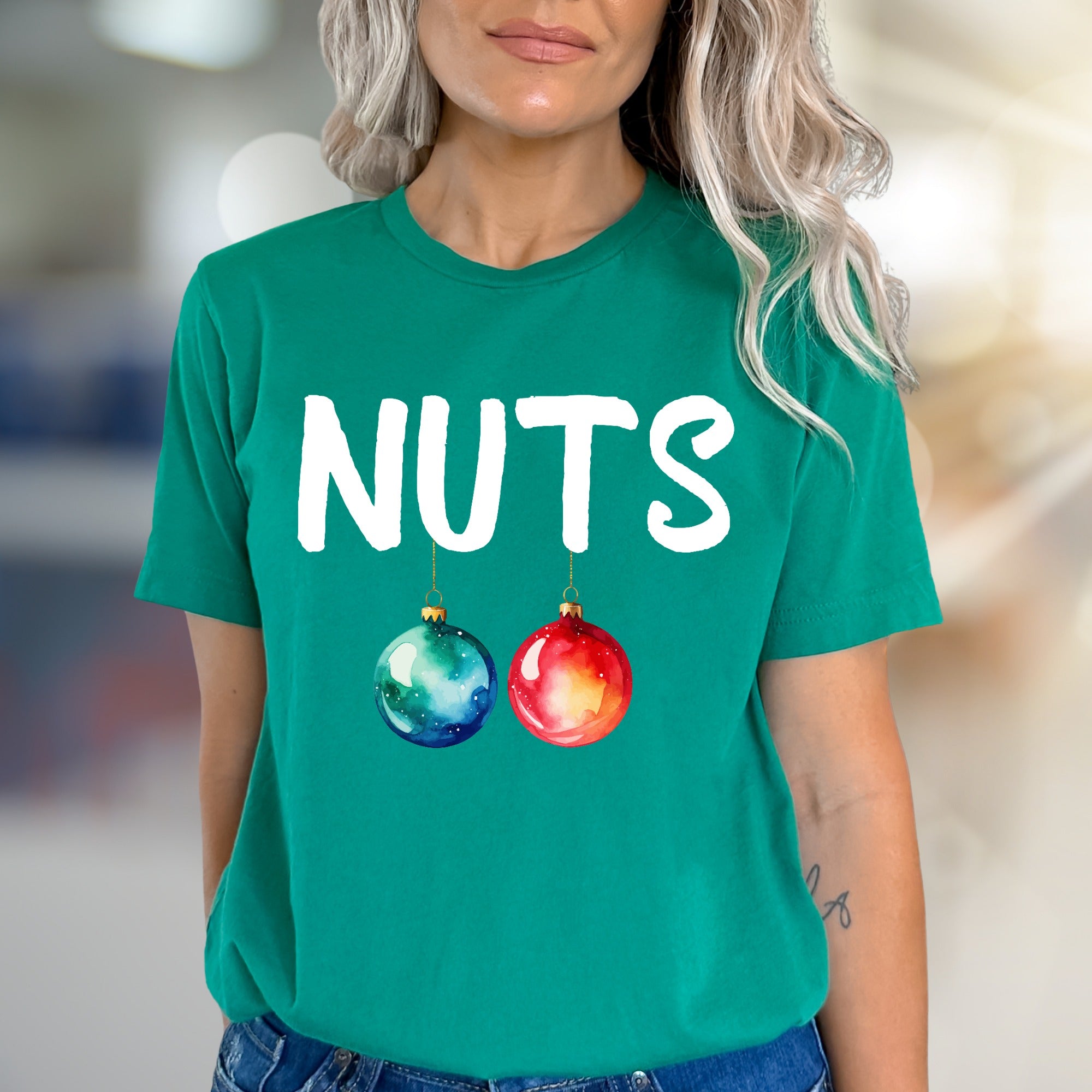 "NUTS" Christmas Ornaments Graphic Tee, a Funny Holiday Pick for Everyone