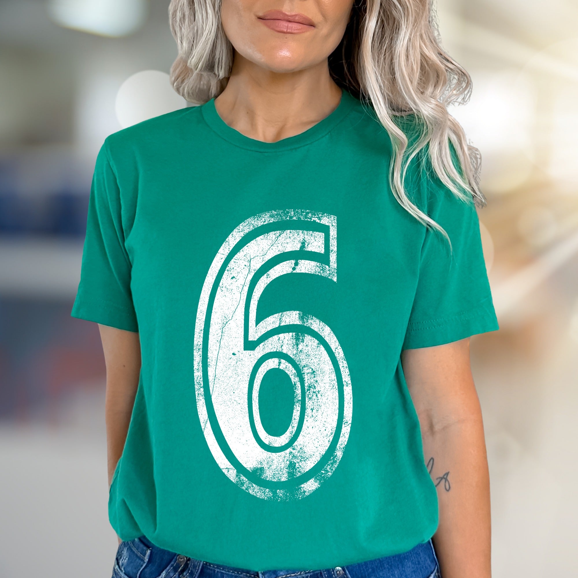 "6" Distressed Number Graphic Tee, a Bold Sporty Pick for Anyone