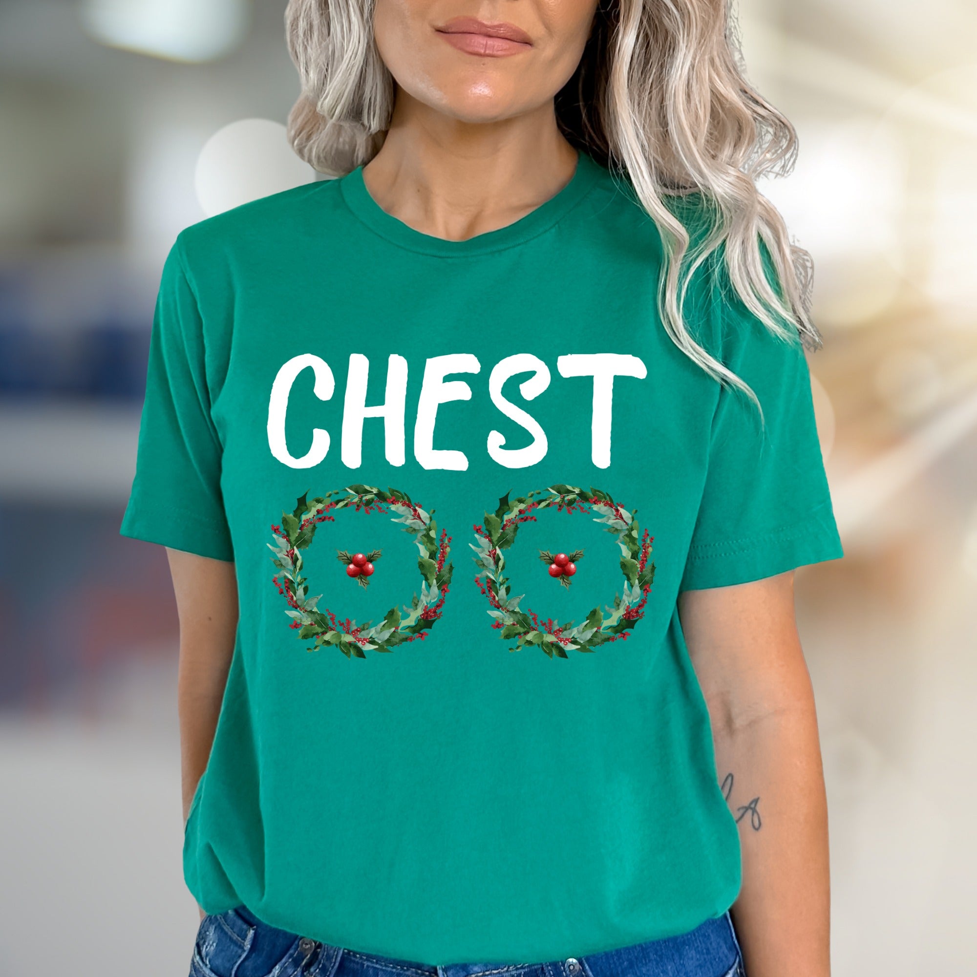 "CHEST" Holiday Wreaths Graphic Tee, a Festive Fun Pick for Christmas Parties