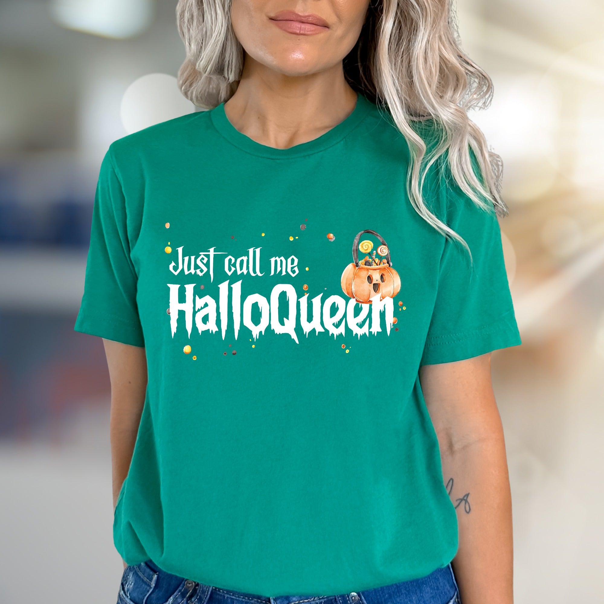 "Just Call Me Halloqueen" Spooky Fun Graphic Tee, a Halloween Pick for Trick-or-Treaters