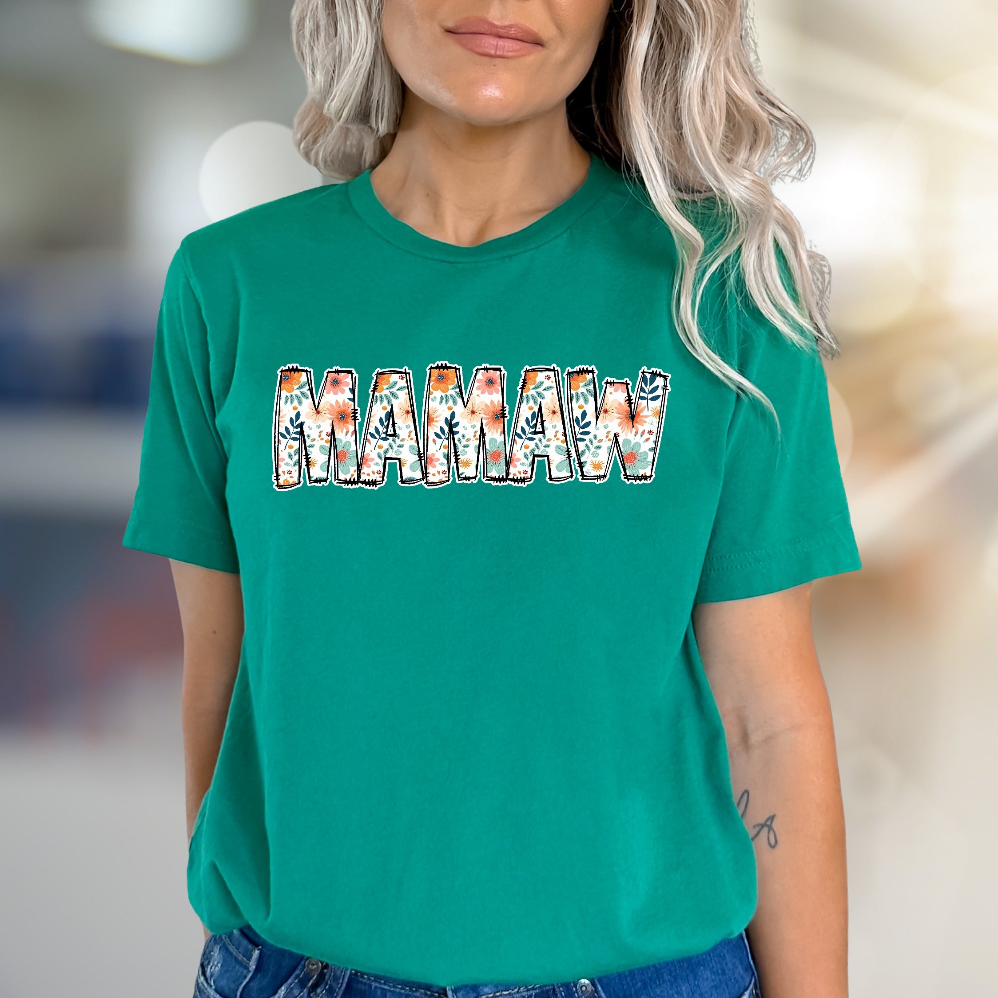 "MAMAW" Floral Print Graphic Tee, a Heartfelt Gift for Grandmothers