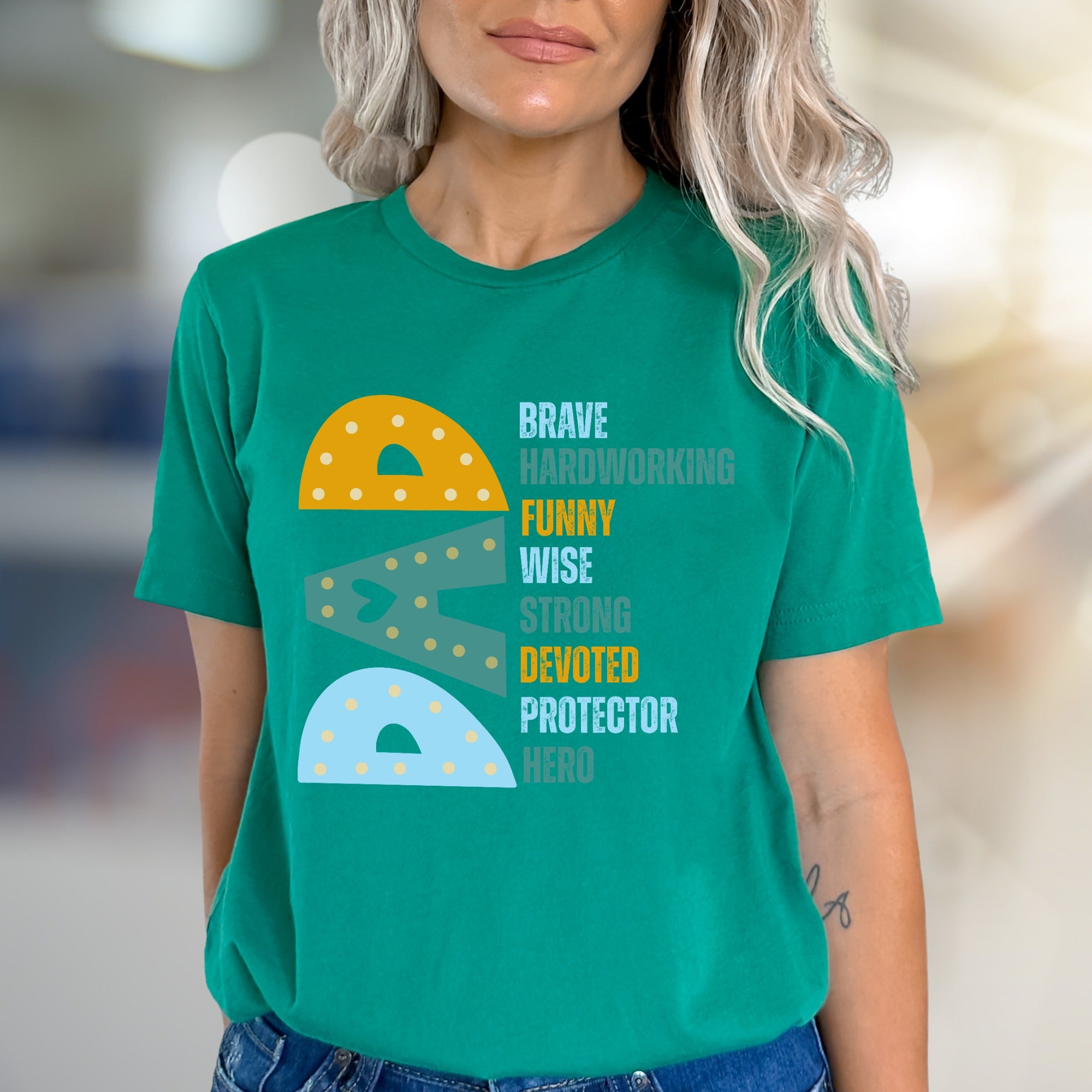 "Brave Hardworking Funny Wise Strong Devoted Protector Hero" Dad Tribute Graphic Tee, a Heartfelt Gift for Fathers