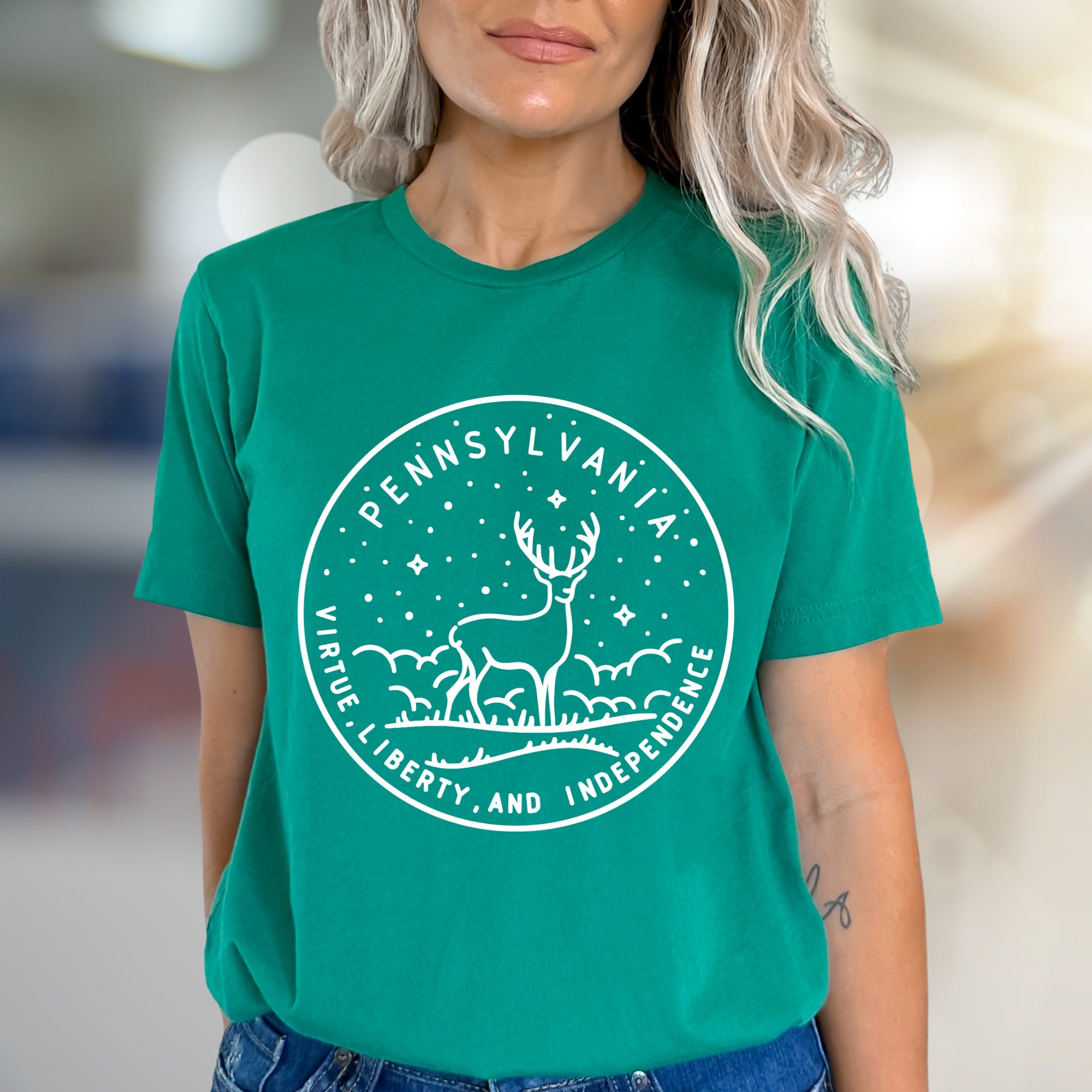 "Pennsylvania Virtue Liberty and Independence" Deer Graphic Tee, a State Pride Pick for Locals & Lovers