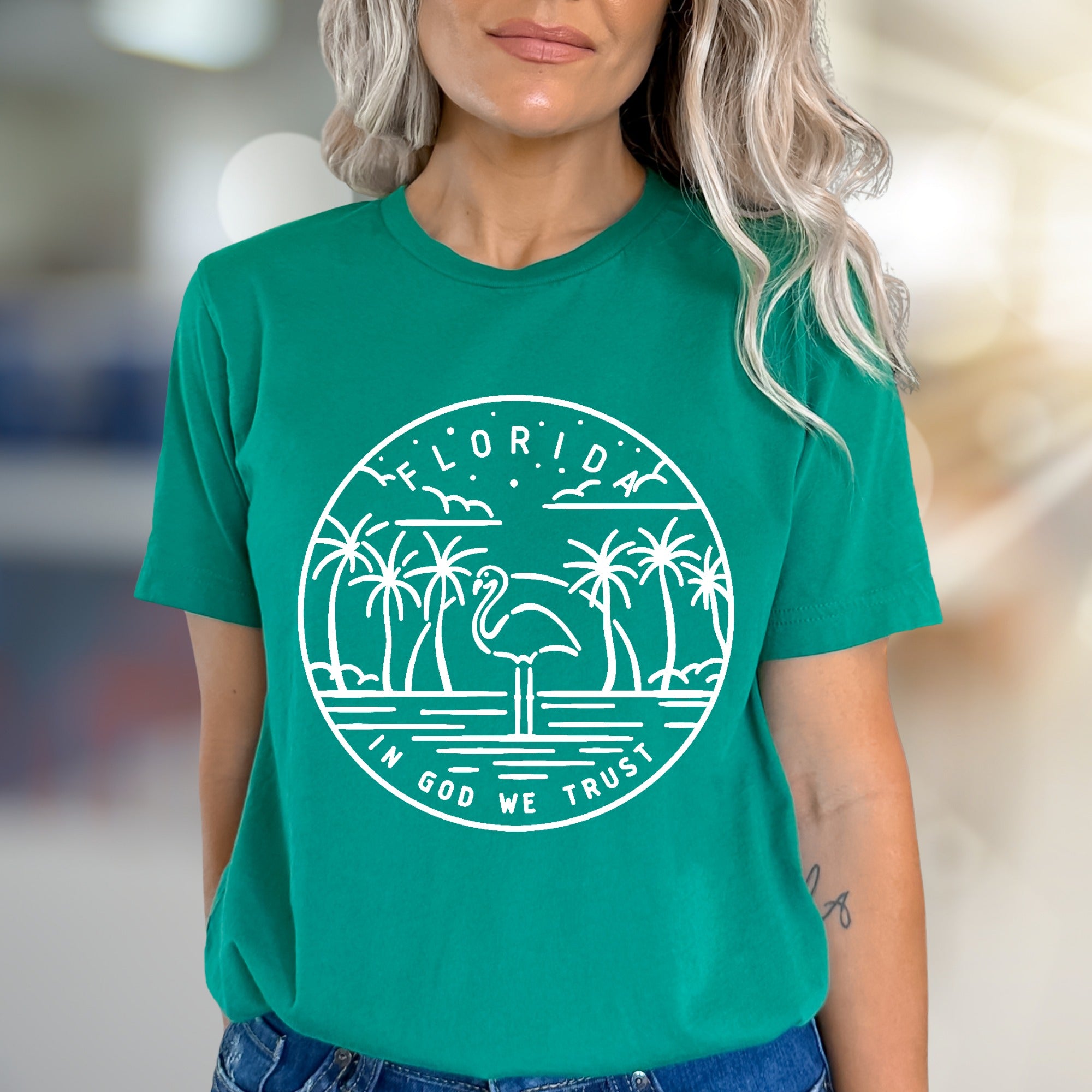 "Florida In God We Trust" Tropical Flamingo Tee, a Retro Florida Pick for Beach Lovers