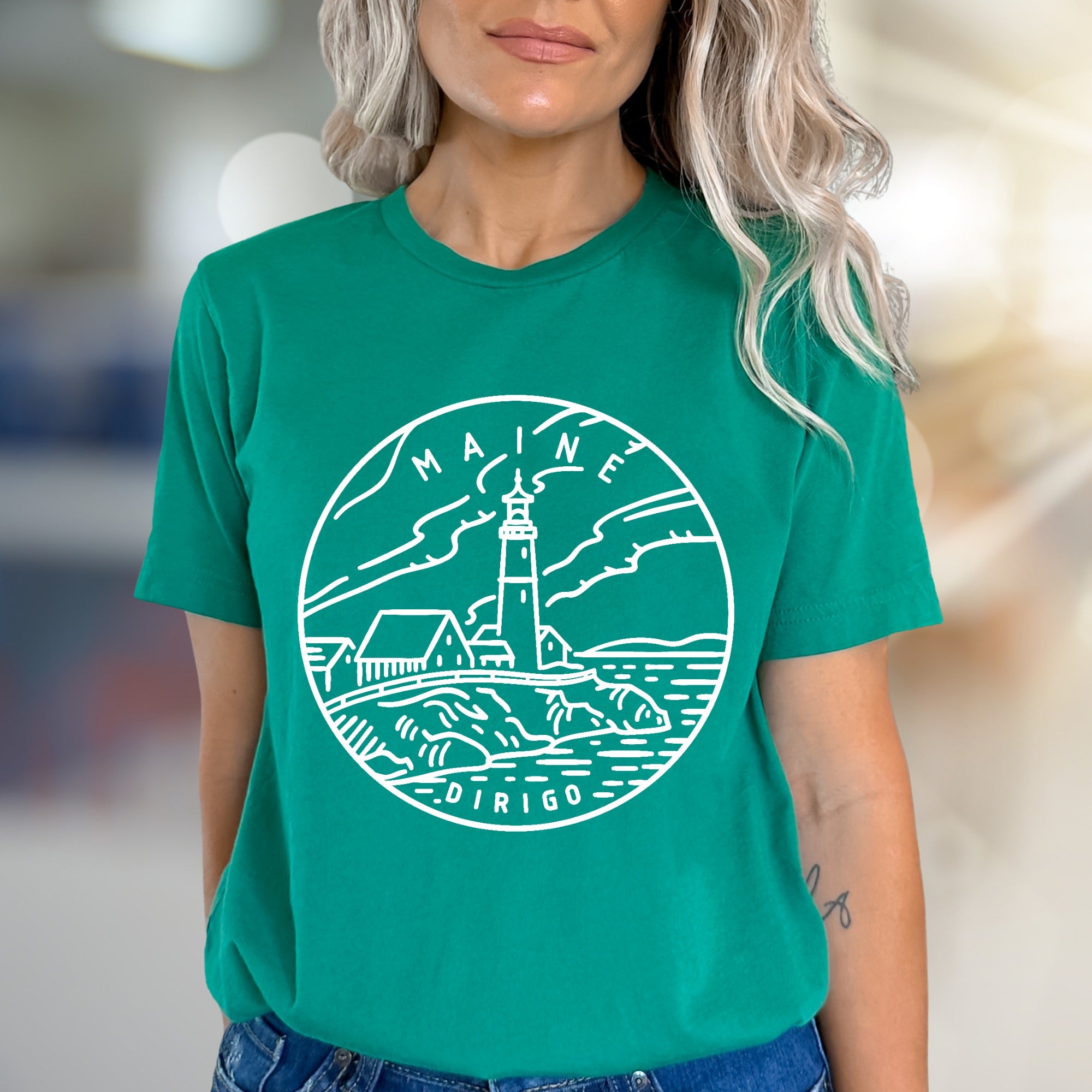 "MAINE DIRIGO" Lighthouse Graphic Tee, a Coastal State Pick for Travelers