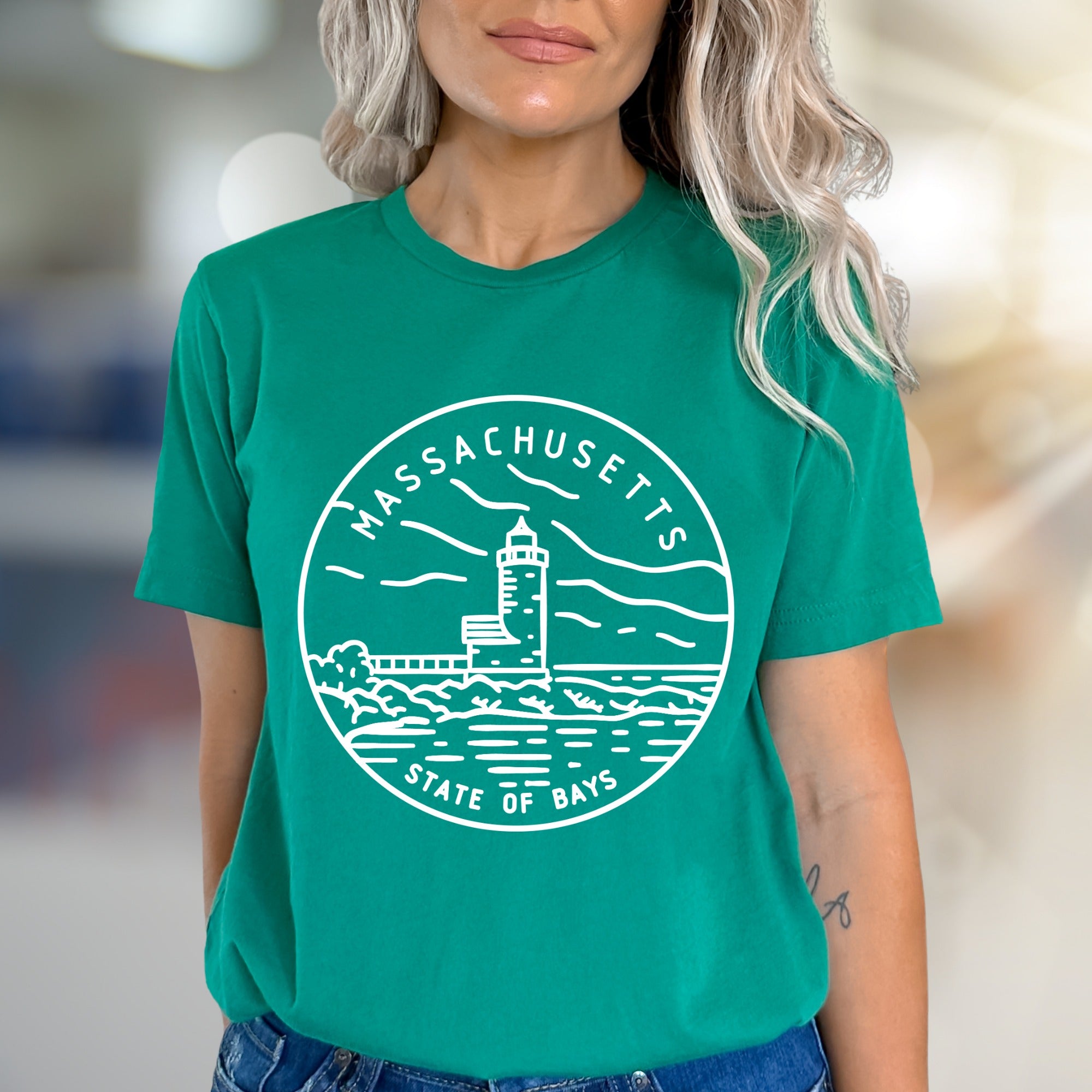 "Massachusetts State of Bays" Coastal Lighthouse Graphic Tee, a Nautical Pick for Sea Lovers