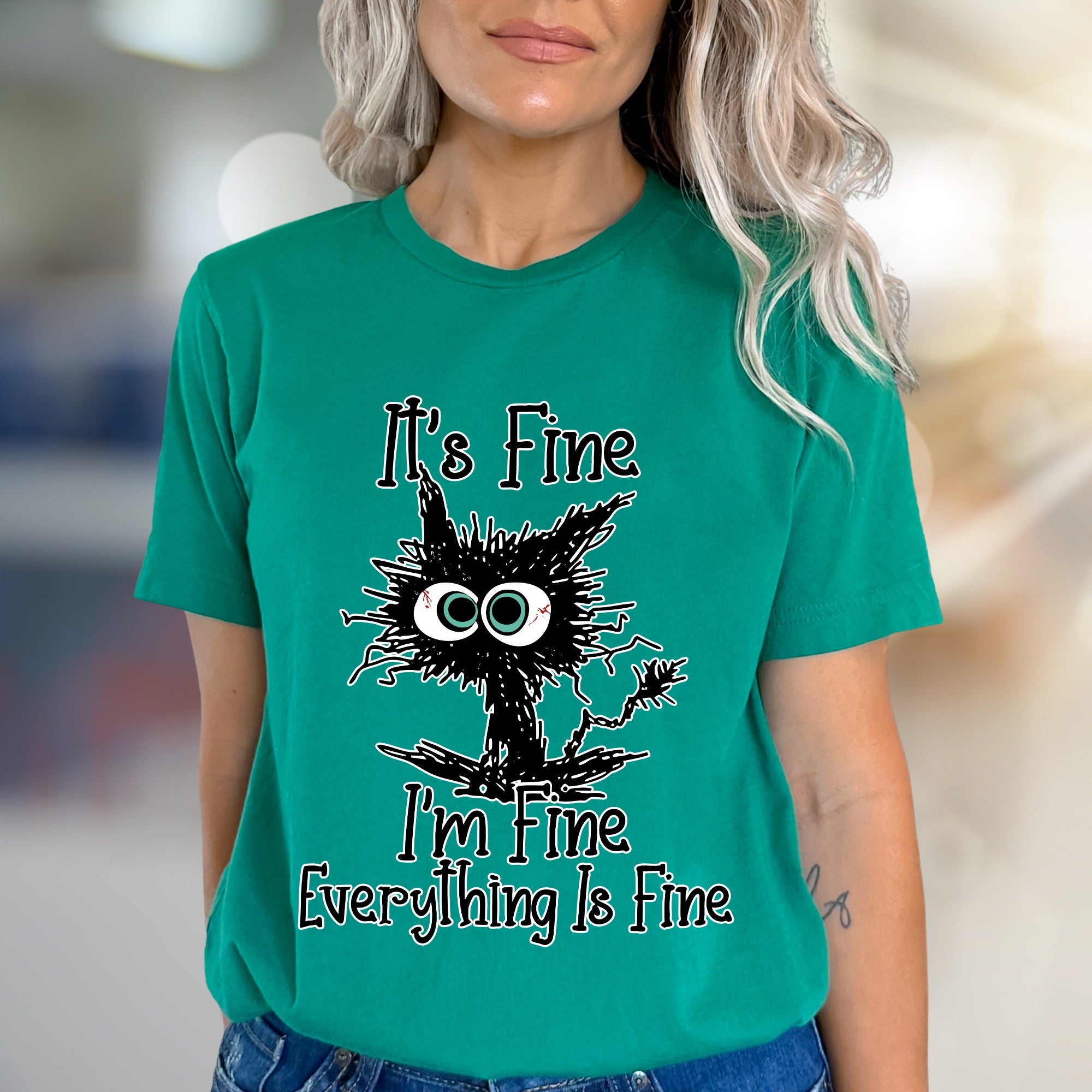 "It's Fine I'm Fine Everything Is Fine" Funny Cat Graphic Tee, a Witty Pick for Humor Lovers