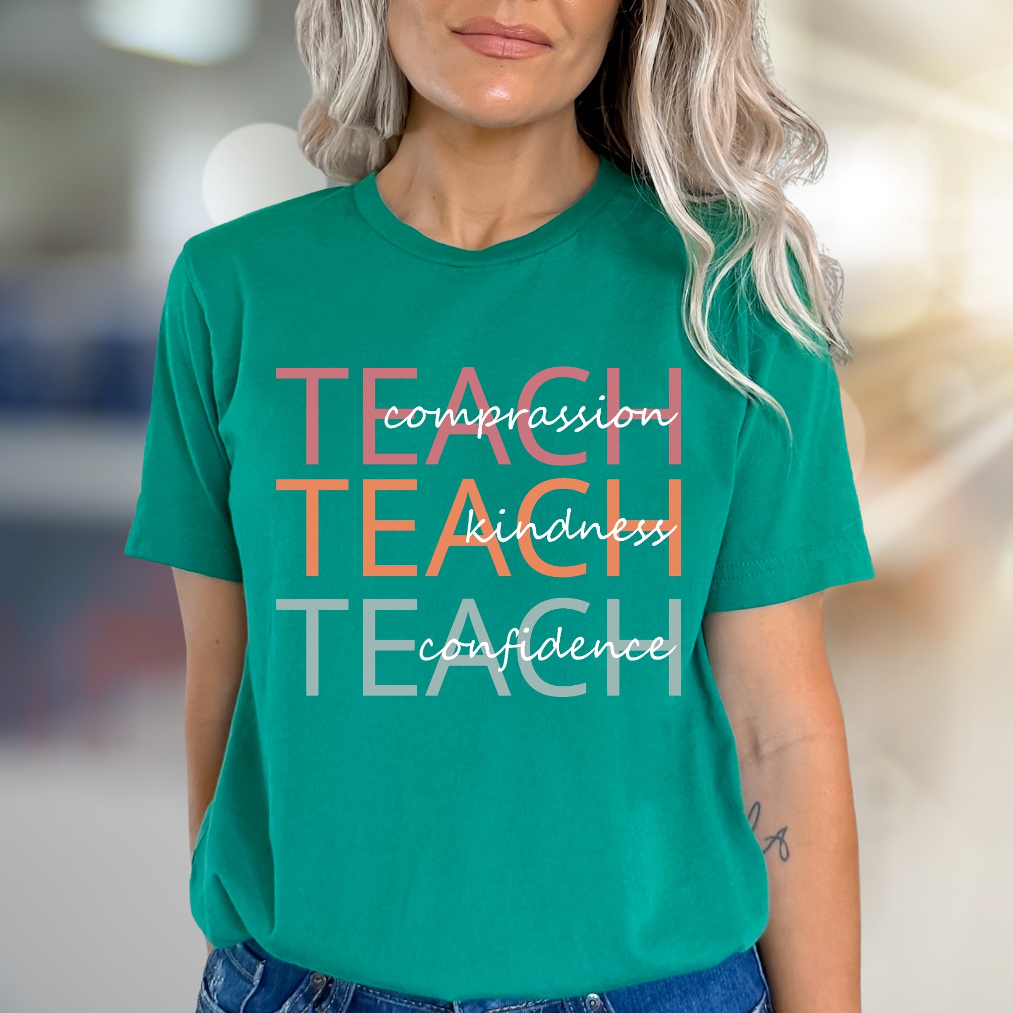"Teach Compassion, Kindness, Confidence" Modern Educational Graphic Tee, a Thoughtful Pick for Educators