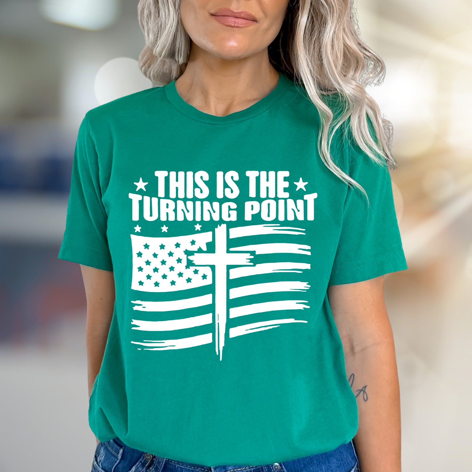 "THIS IS THE TURNING POINT" American Flag Cross Graphic Tee, a Faith-Inspired Statement