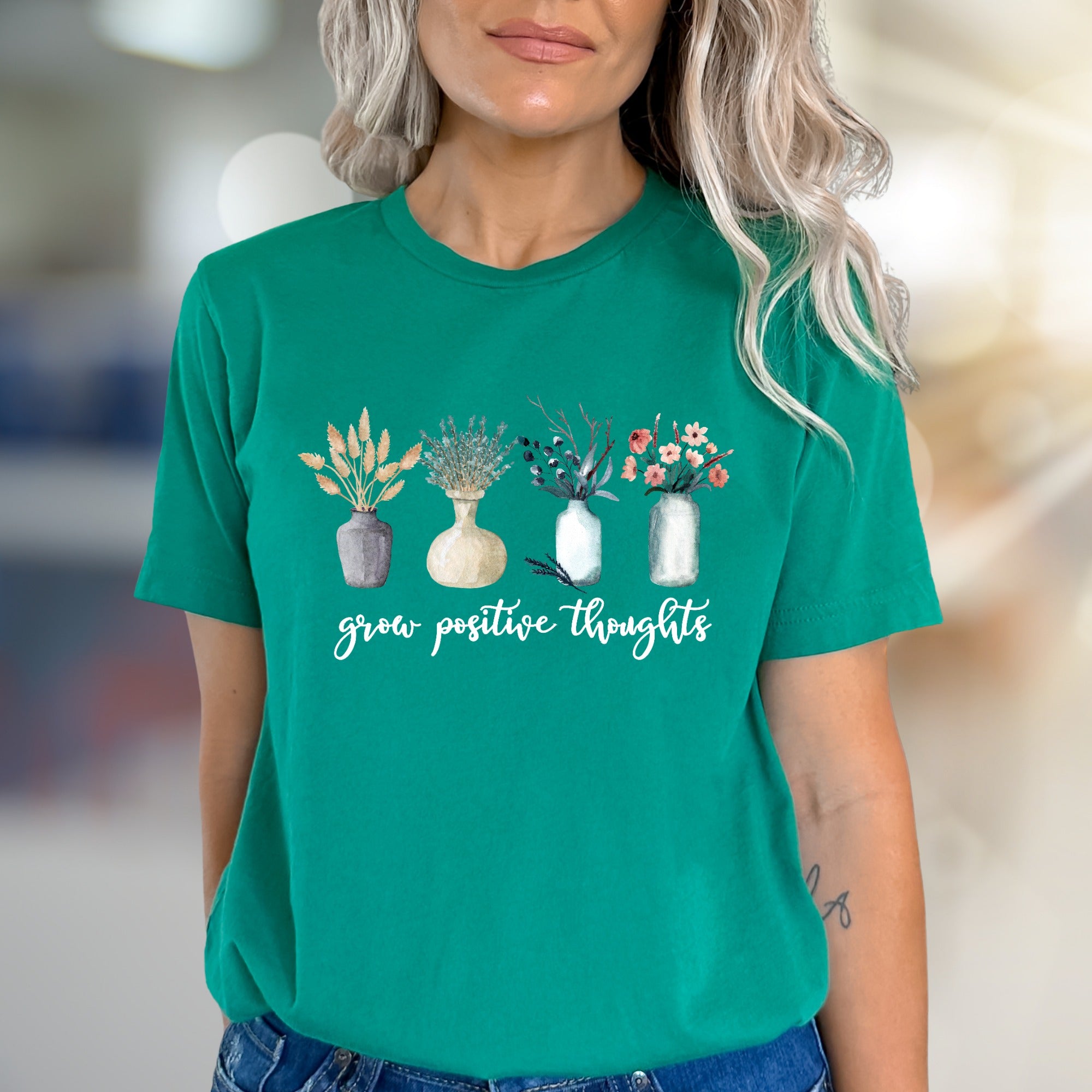 "Grow Positive Thoughts" Floral Graphic Tee, A Botanical Pick for Mindfulness