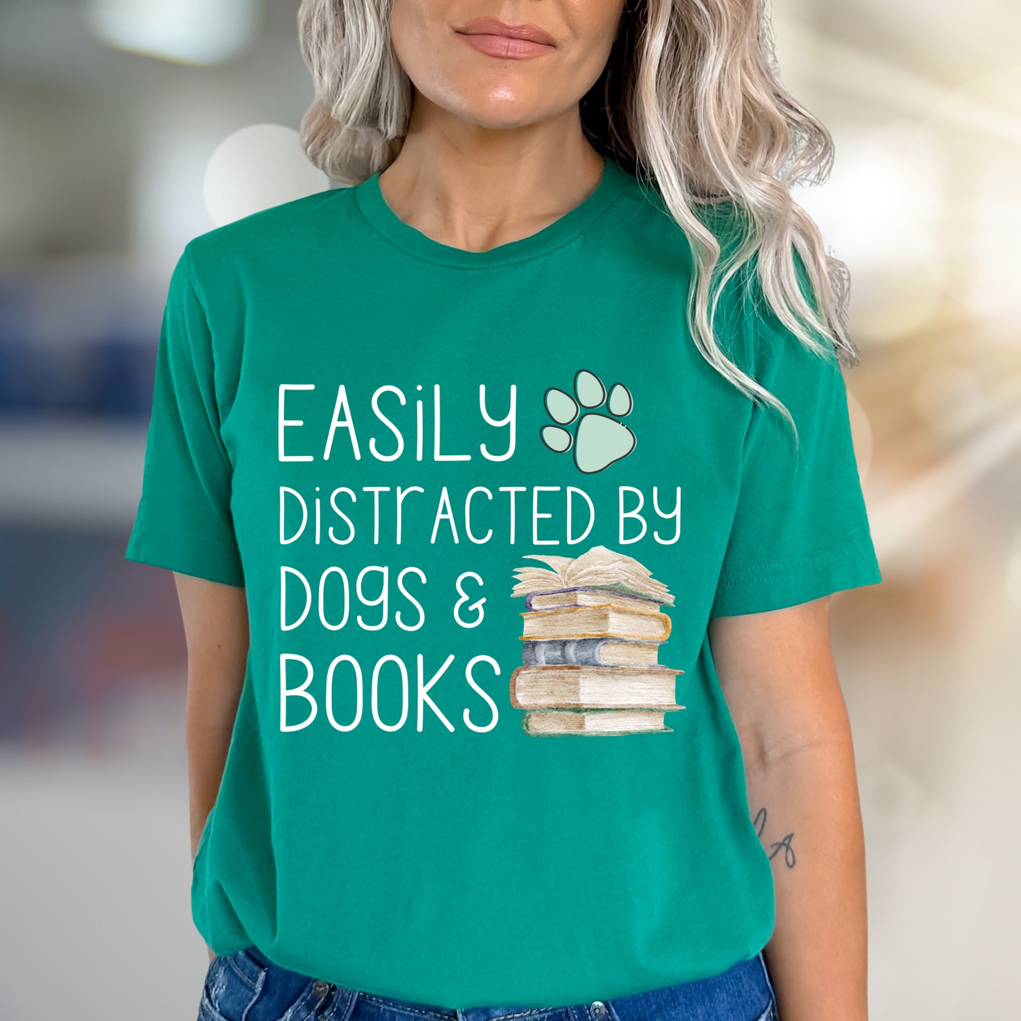 Easily Distracted by Dogs & Books Graphic Tee, A Cozy Librarian's Pick for Book Lovers