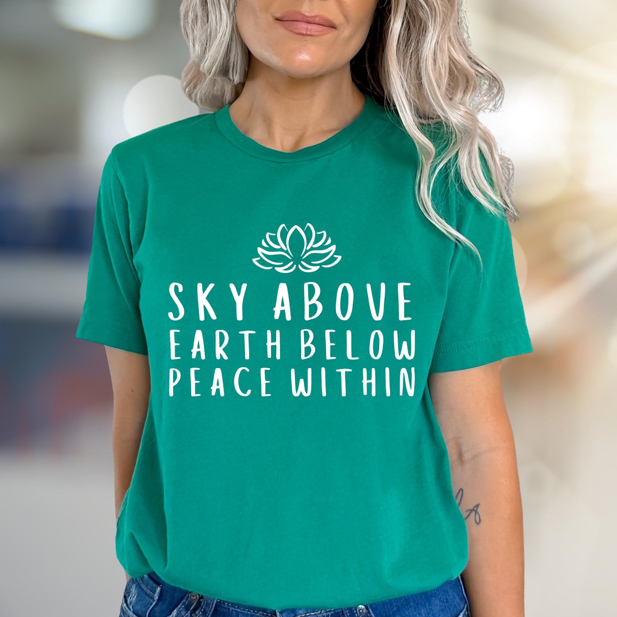 "Sky Above Earth Below Peace Within" Lotus Graphic Tee, a Zen Pick for Spiritual Seekers