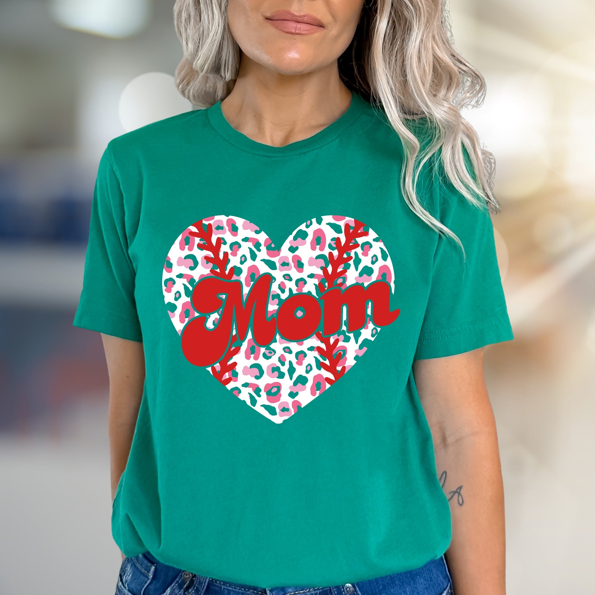 Mom Leopard Print Heart Baseball Graphic Tee, a Trendy Statement for Her