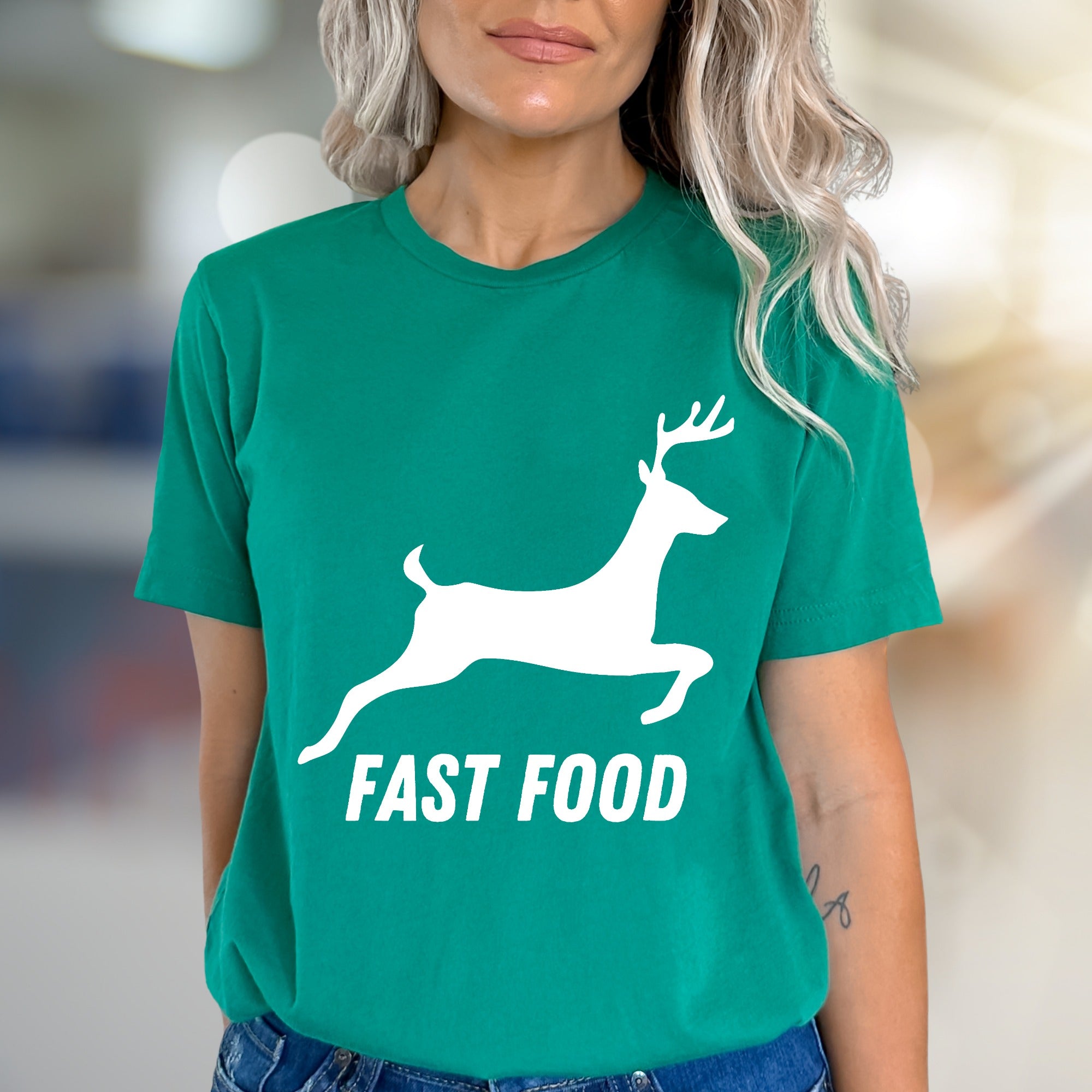 "Fast Food" Hunter Deer Graphic Tee, a Humorous Outdoorsy Pick for Enthusiasts