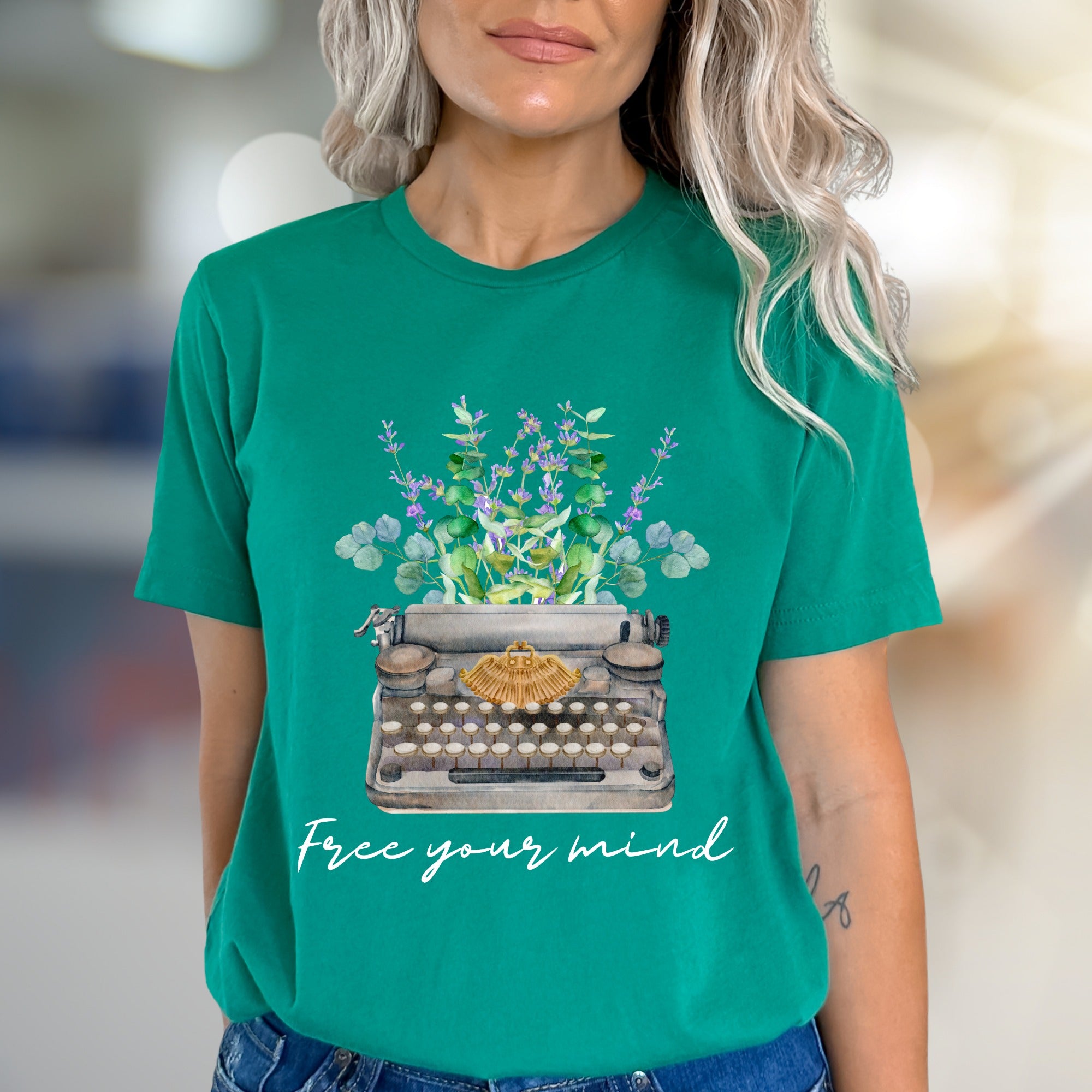"Free Your Mind" Typewriter Floral Graphic Tee, a Creative Expression Unisex Tee