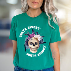 "Sorta Sweet Sorta Spooky" Skull Graphic Tee, a Gothic Chic Pick for Halloween Lovers