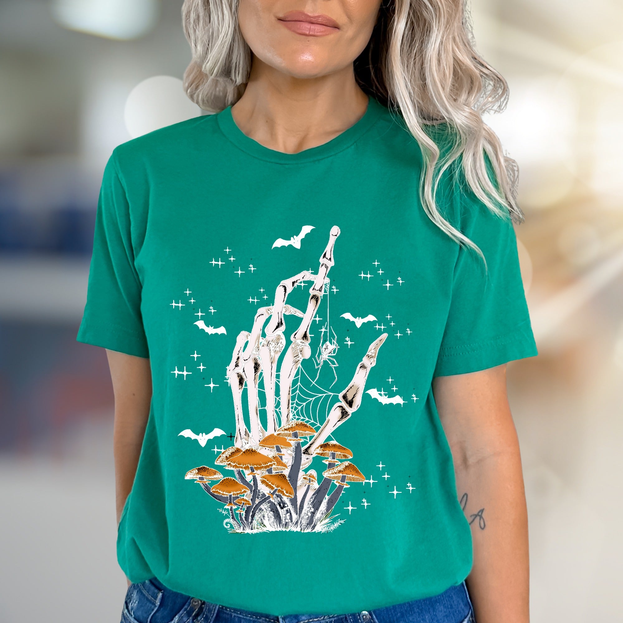 Skeleton Hand Mushroom Graphic Tee, a Spooky-Cute Pick for Halloween Lovers