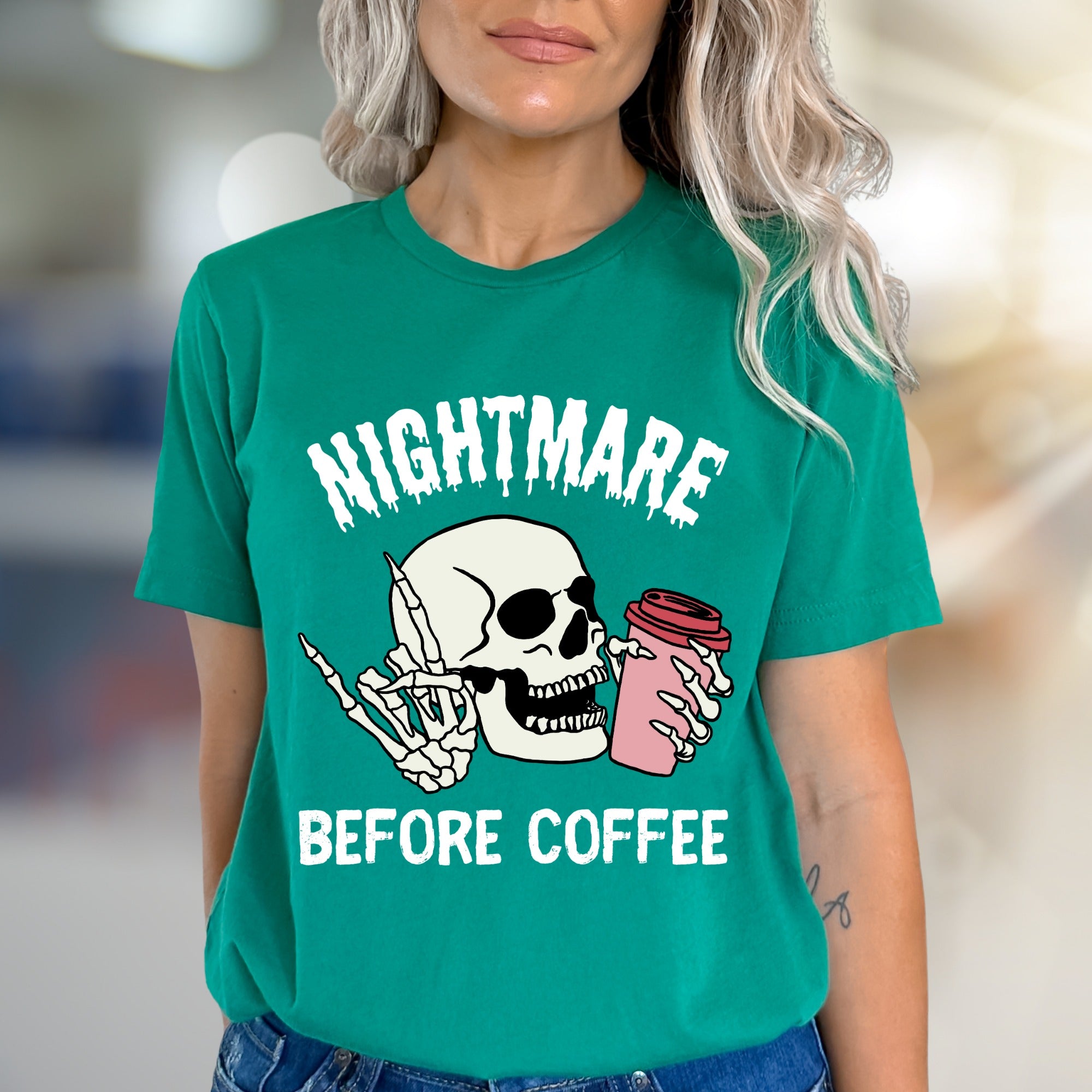 "NIGHTMARE BEFORE COFFEE" Humorous Skeleton Graphic Tee, a Witty Statement for Coffee Lovers
