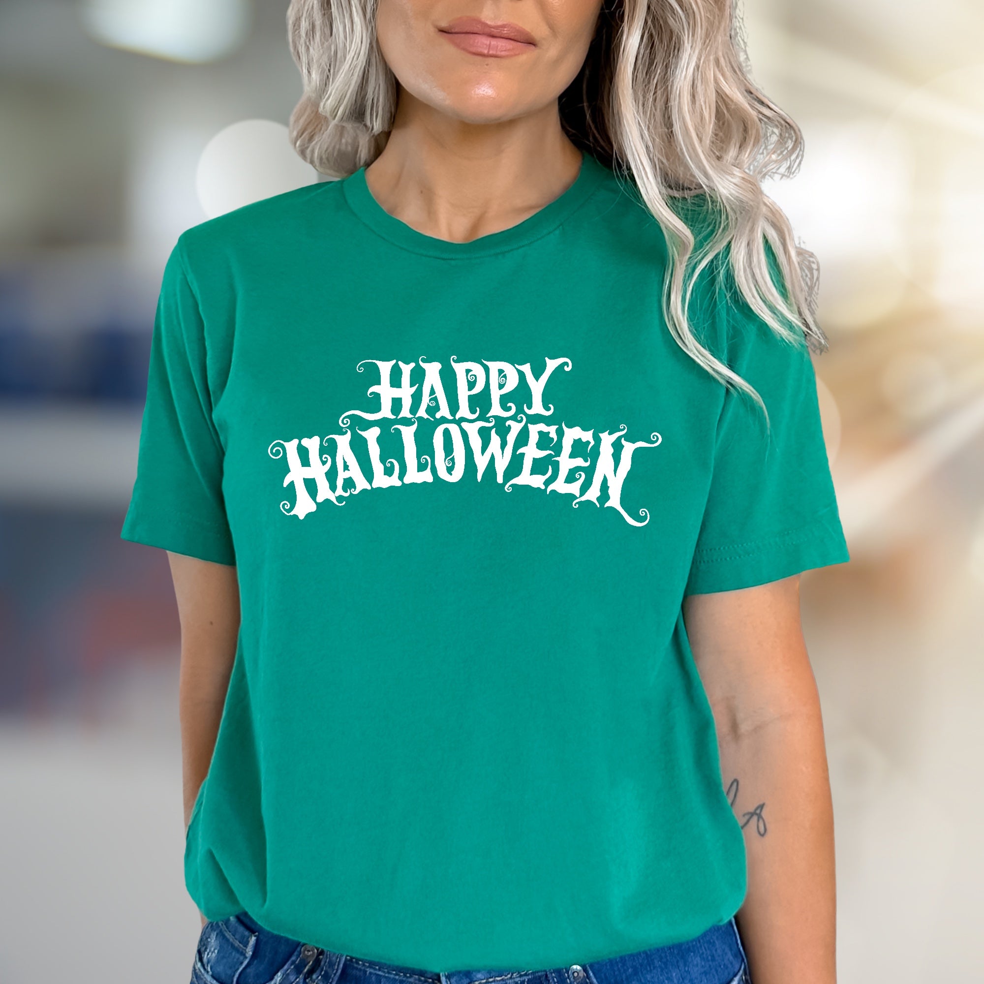 "Happy Halloween" Spooky Script Graphic Tee, a Festive Pick for Autumn Lovers