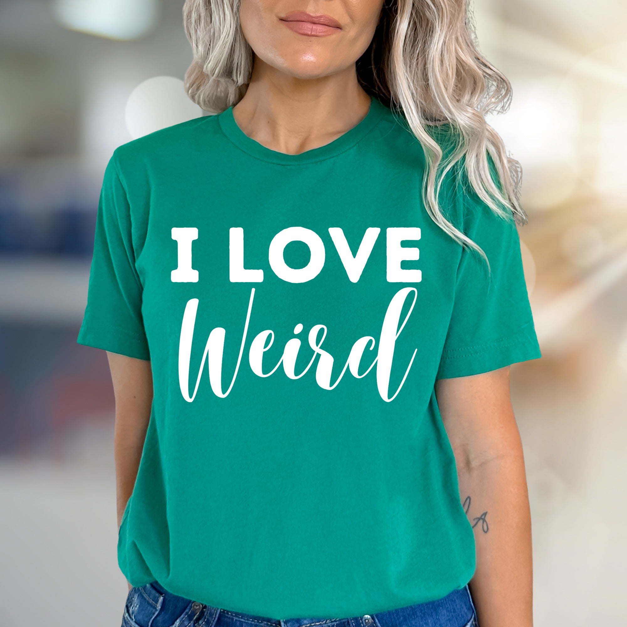 "I Love Weird" Quirky Expression Graphic Tee, a Bold Statement for Individualists