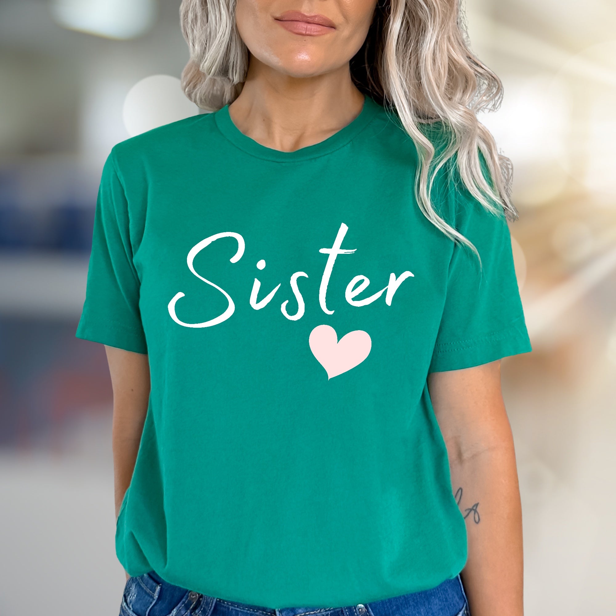 "Sister" Heart Script Graphic Tee, a Loving Pick for Family Bonds