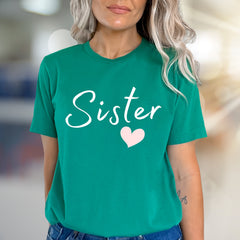 "Sister" Heart Script Graphic Tee, a Loving Pick for Family Bonds