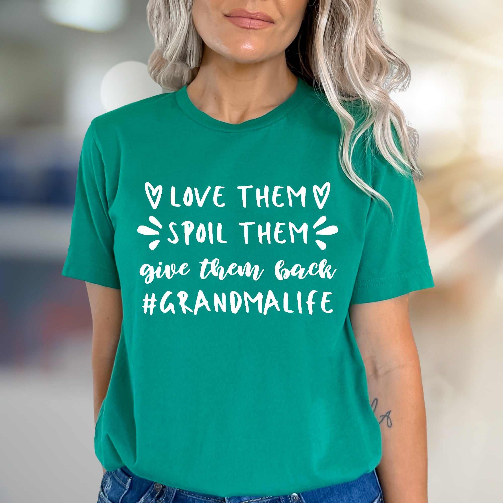 "Love Them, Spoil Them, Give Them Back" Grandma Life Graphic Tee, a Witty Family Pick for Grandmothers
