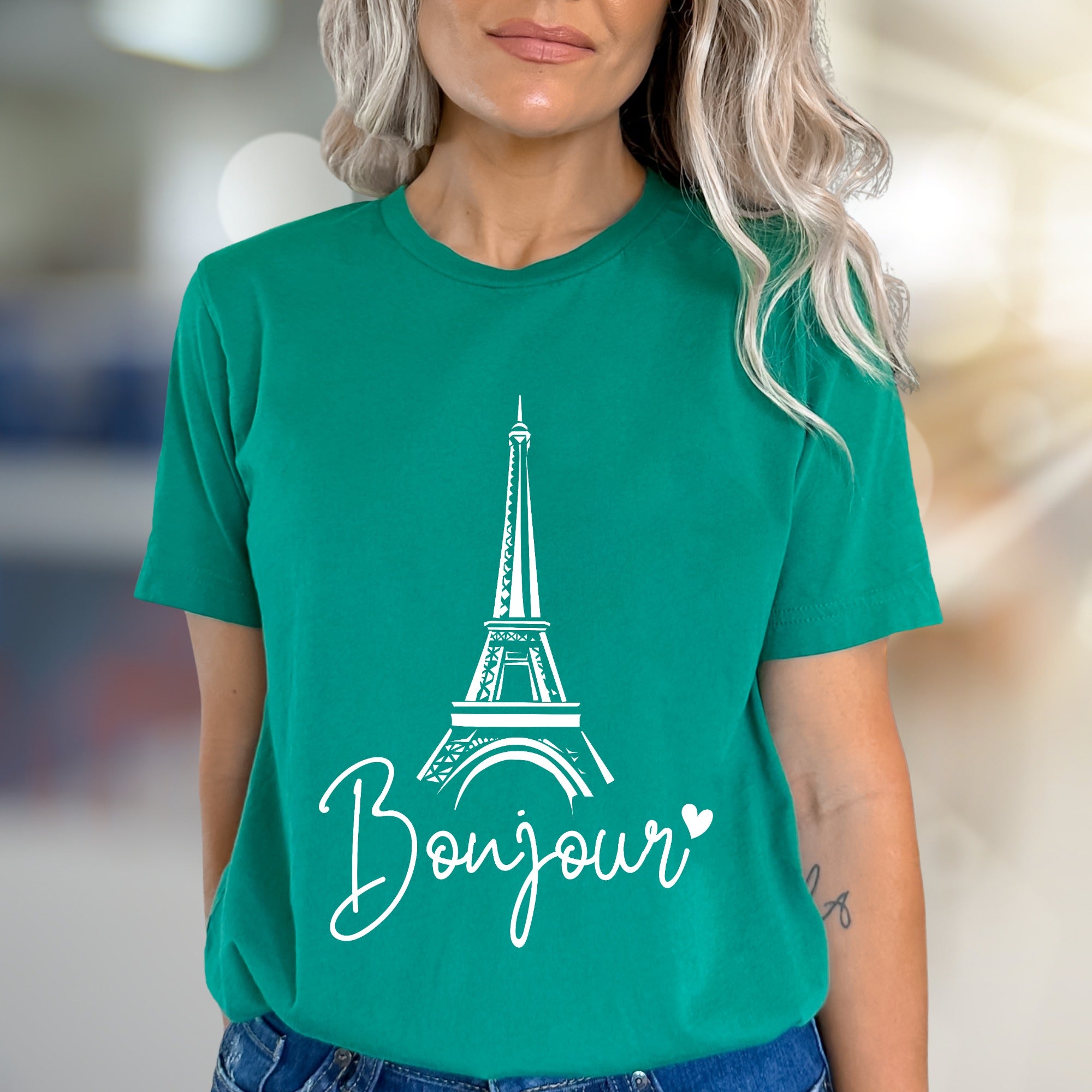 "Bonjour" Eiffel Tower Graphic Tee, a Parisian Chic Pick for Travelers