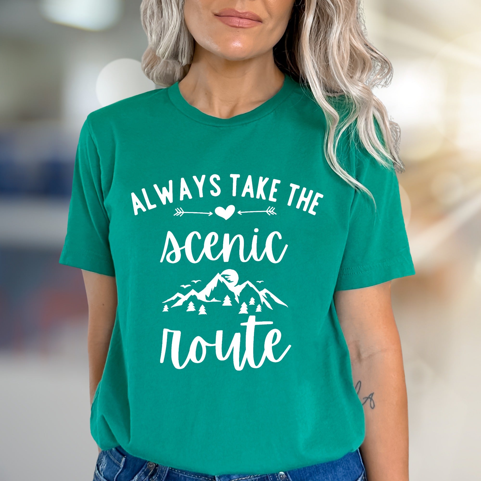 "Always Take the Scenic Route" Mountain Graphic Tee, a Nature Lover's Pick for Adventurers