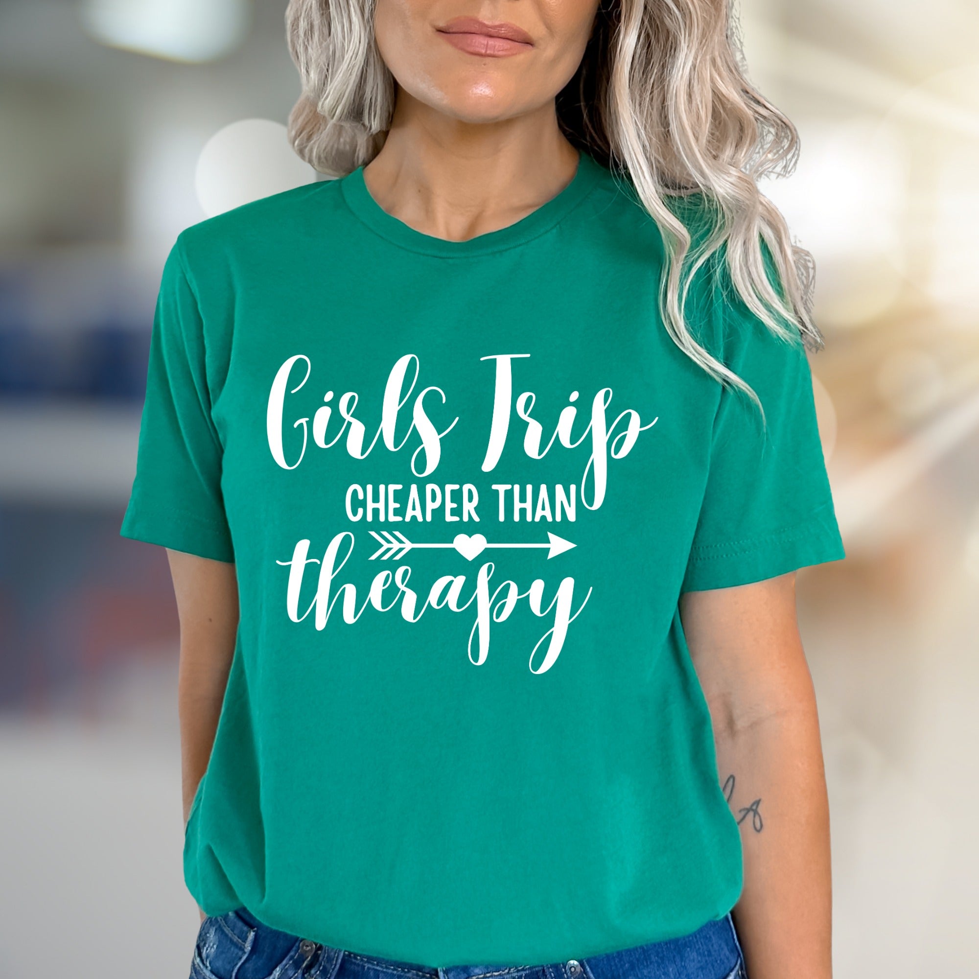 "Girls Trip Cheaper Than Therapy" Fun Graphic Tee, a Vacation Humor Pick for Friends