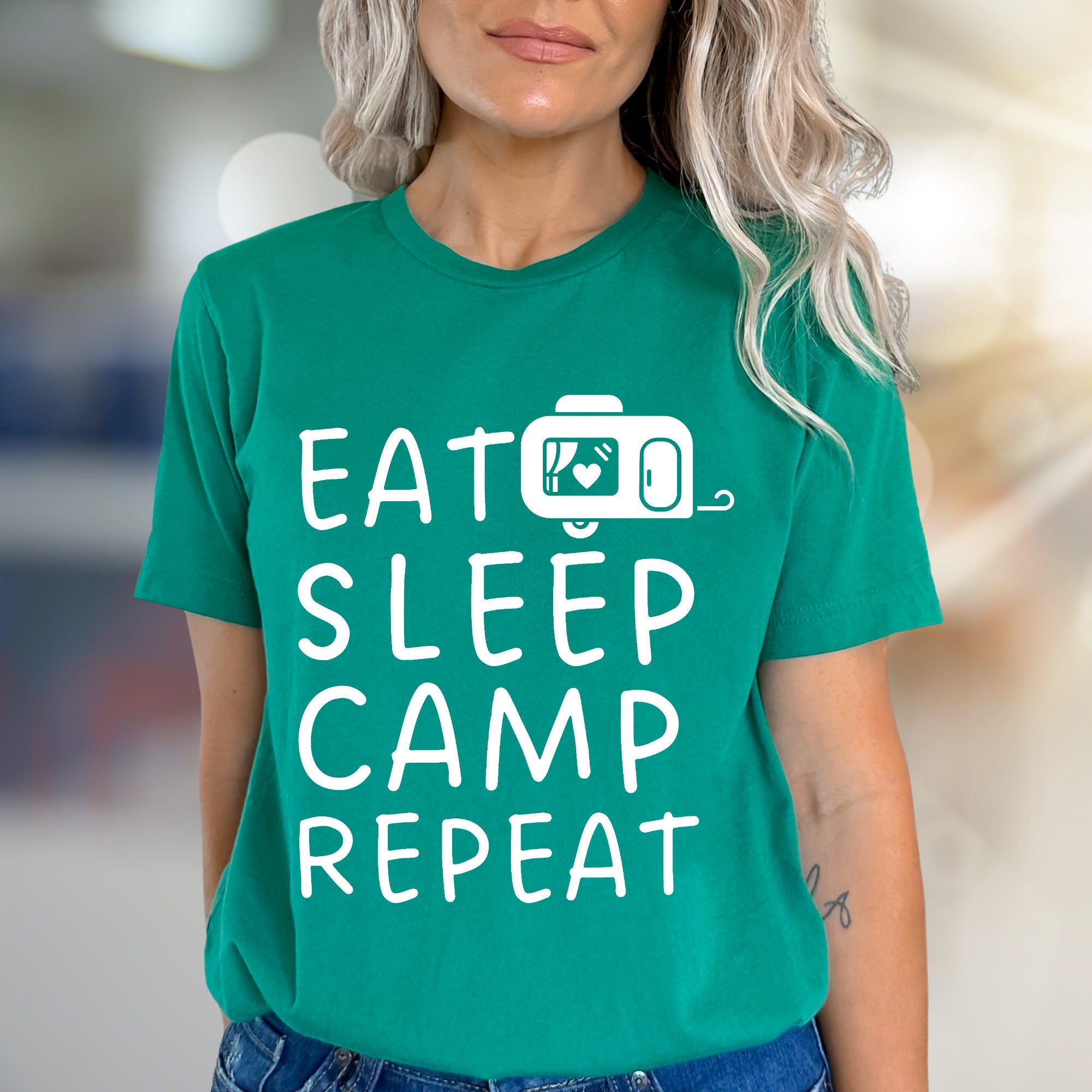 "EAT SLEEP CAMP REPEAT" Camper Graphic Tee, a Outdoorsy Pick for Enthusiasts