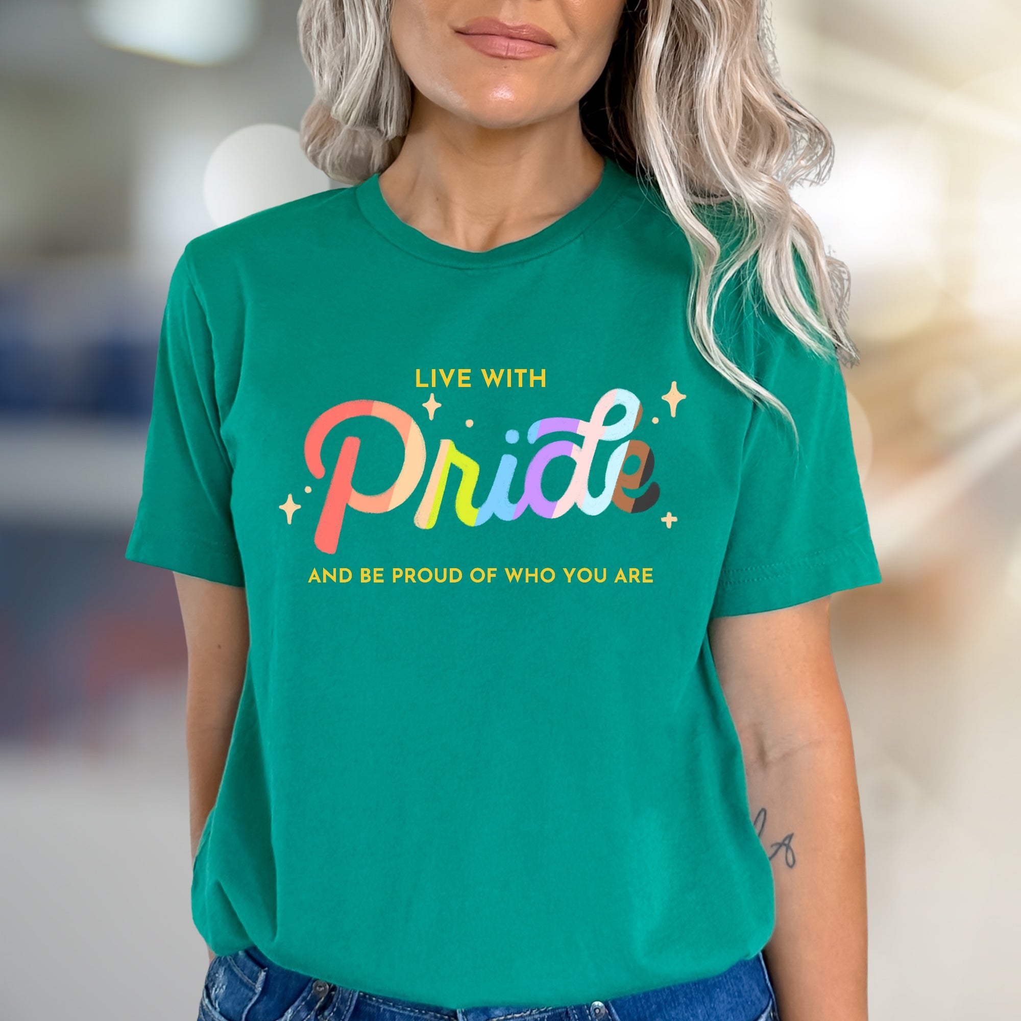 "Live With Pride" Rainbow Sparkle Graphic Tee, a Bold Statement for Everyone