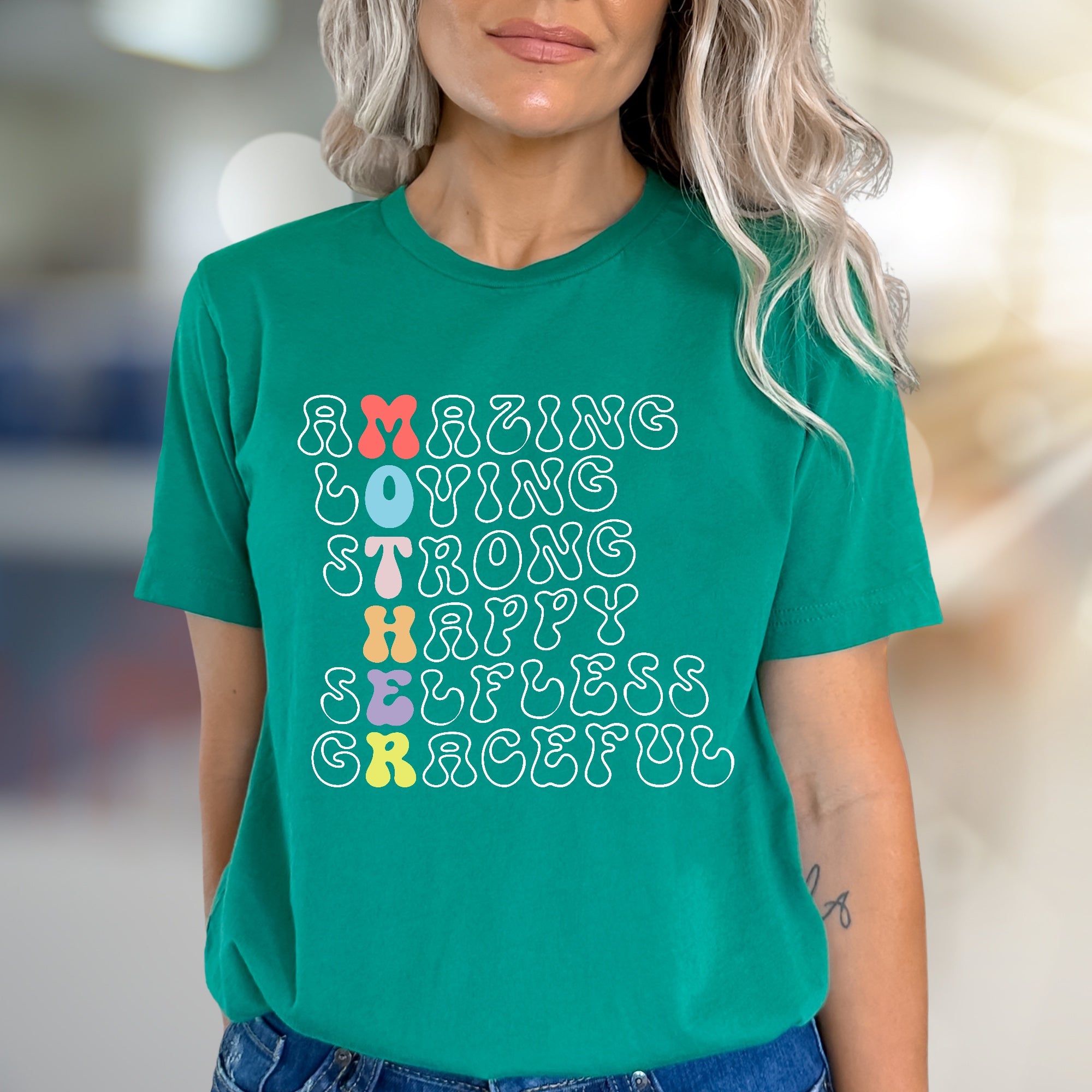 "Amazing Loving Strong Happy Selfless Graceful" Motherhood Graphic Tee, a Heartfelt Pick for Moms